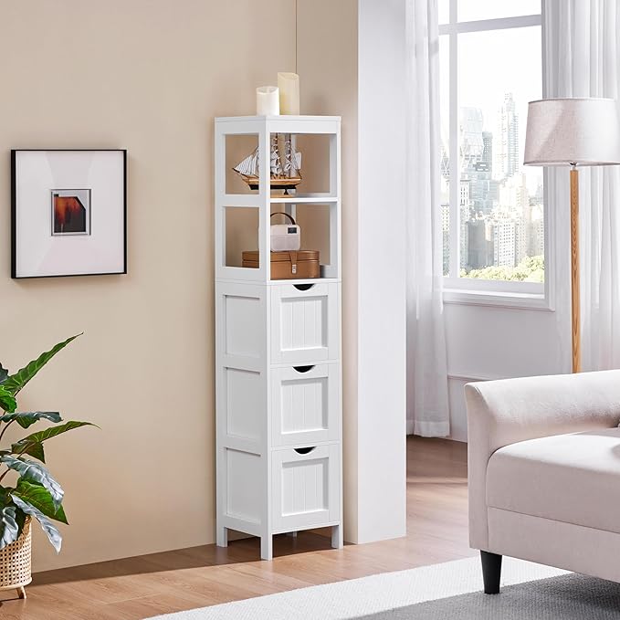 Tall Slim Bathroom Cabinet White 3 Drawers 2 Shelves Unit