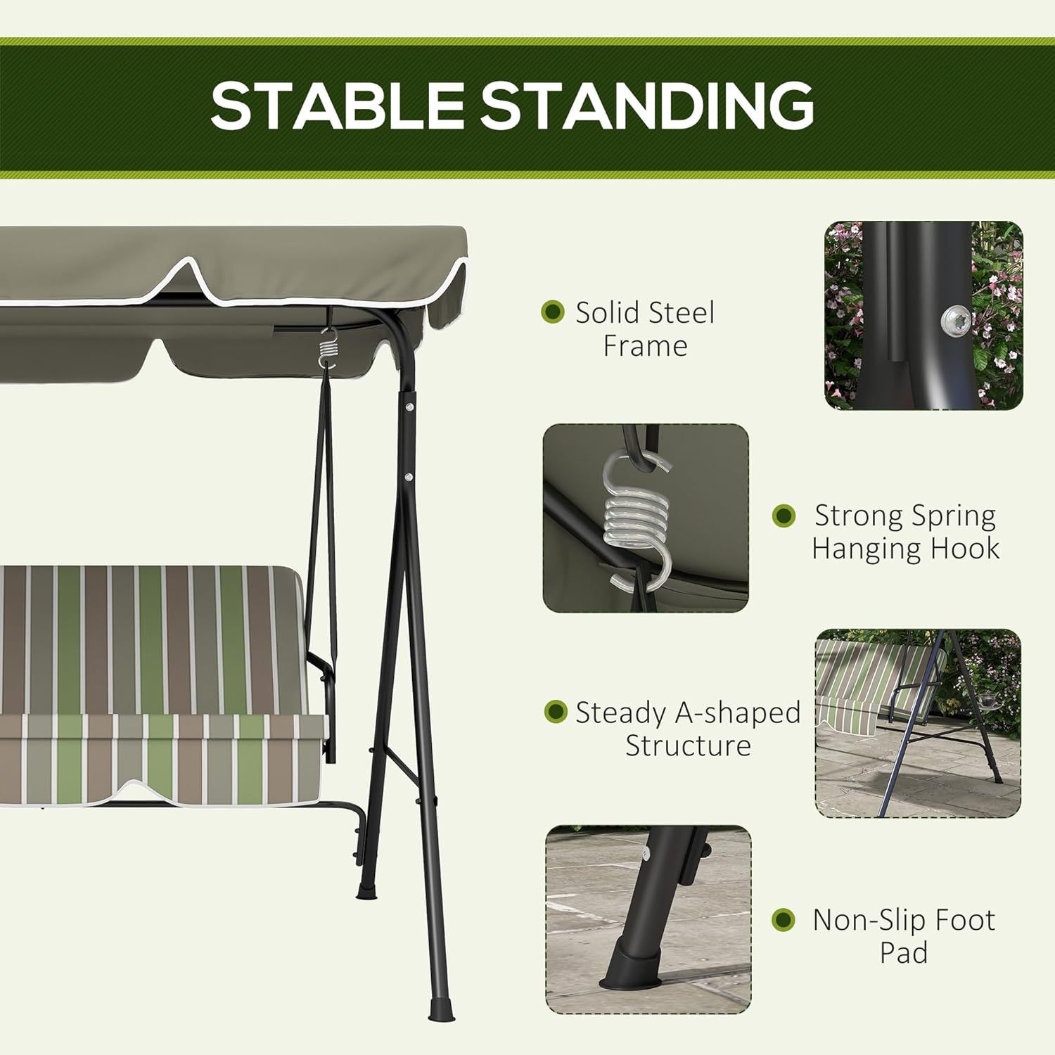 3 Seater Garden Swing Chair with Canopy Green Grey