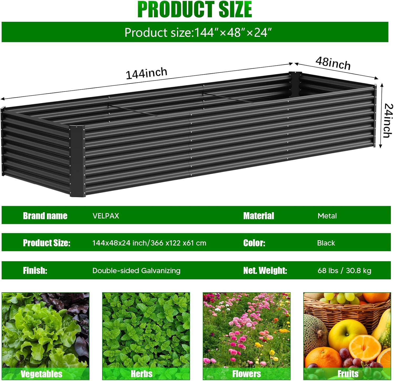 Extra Large Metal Raised Garden Bed 366cm Black Steel