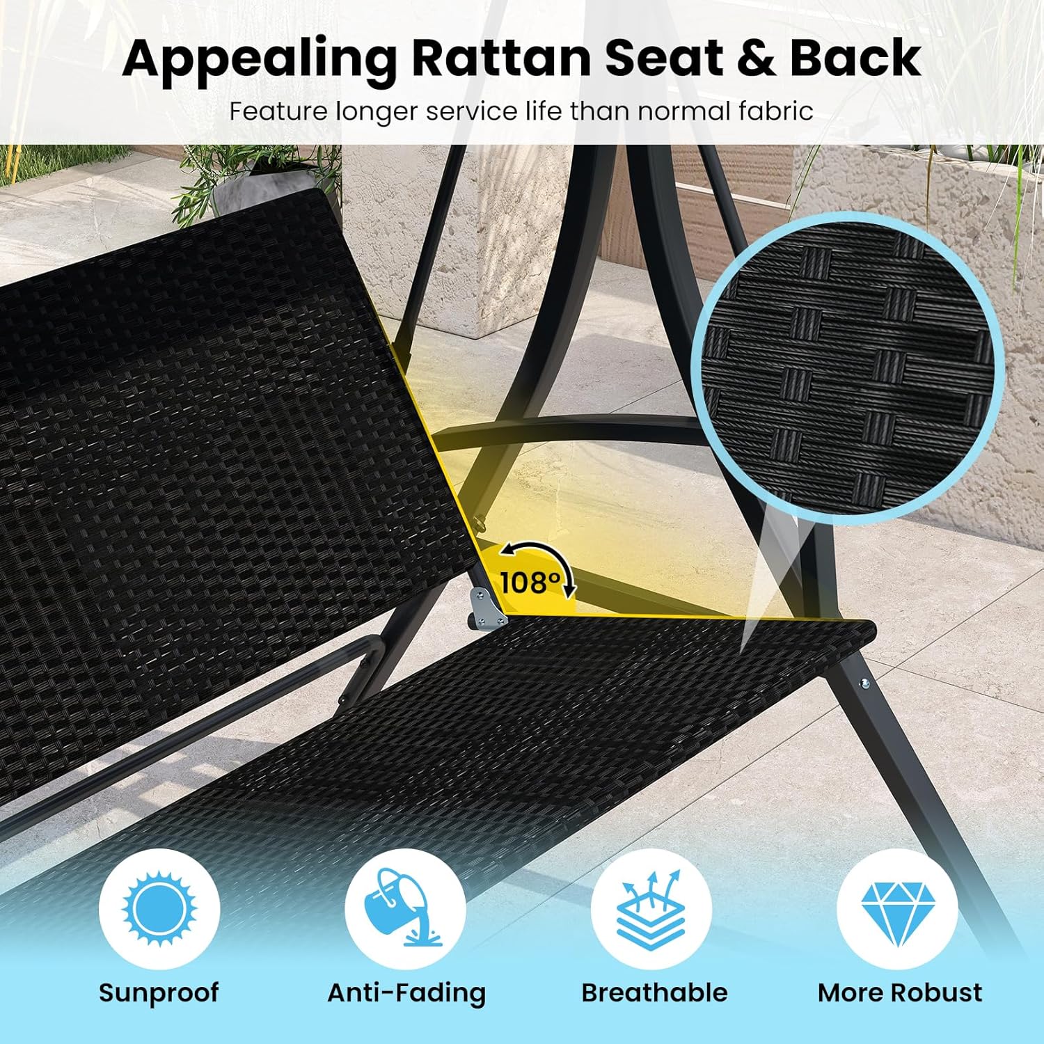 3 Seater Garden Swing Chair Rattan Canopy Bench Black