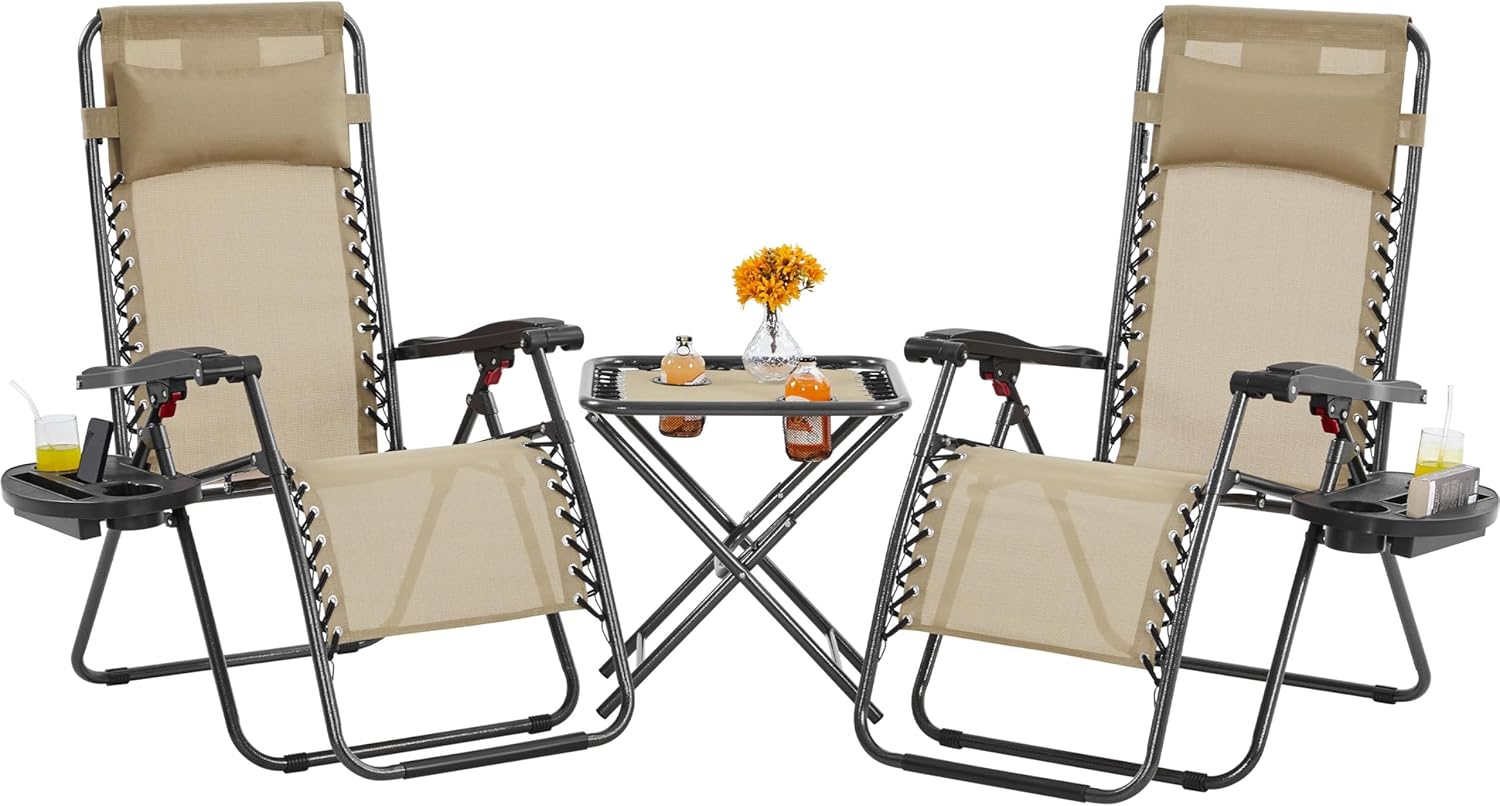 3 Piece Zero Gravity Recliner Set Chairs Table Beige