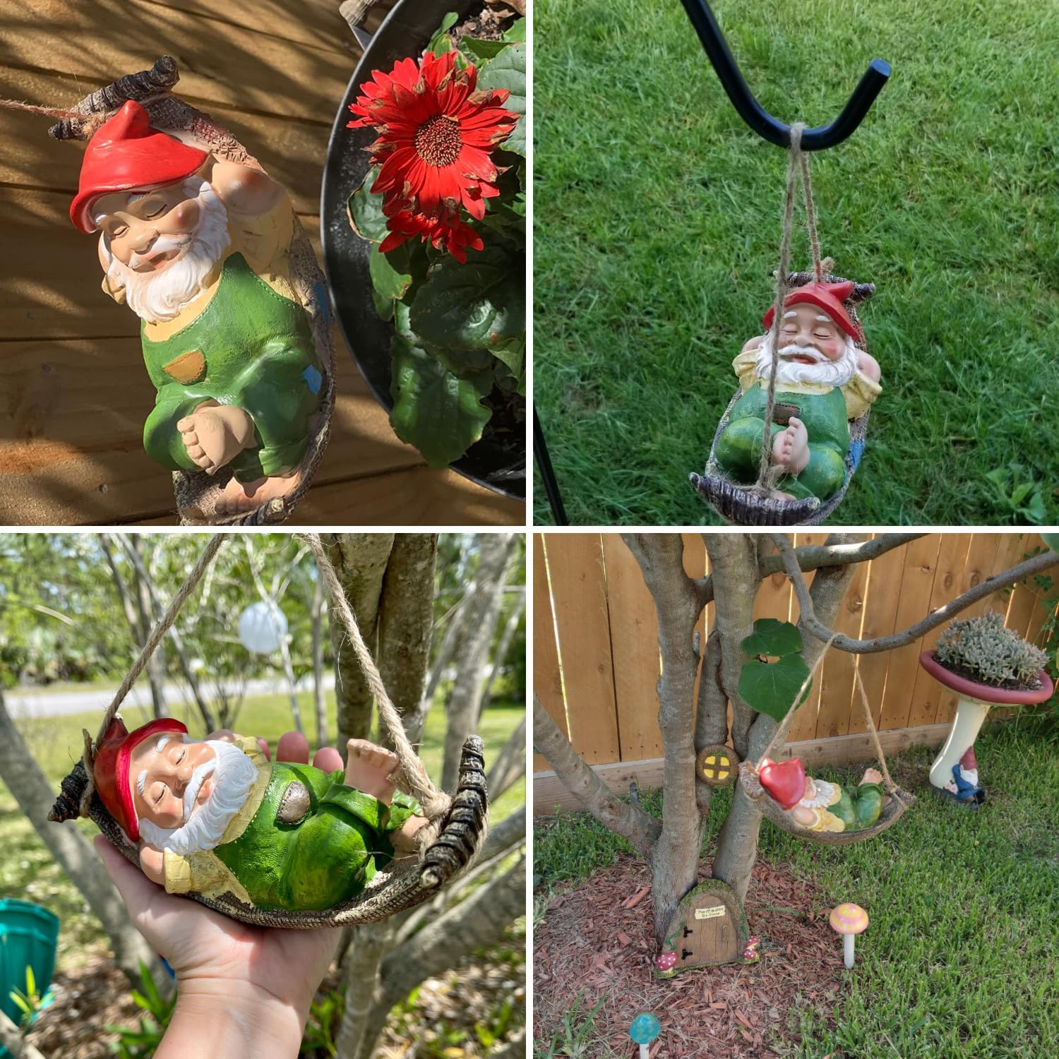 Hanging Sleeping Gnome Statue Resin Garden Tree Decor 18cm