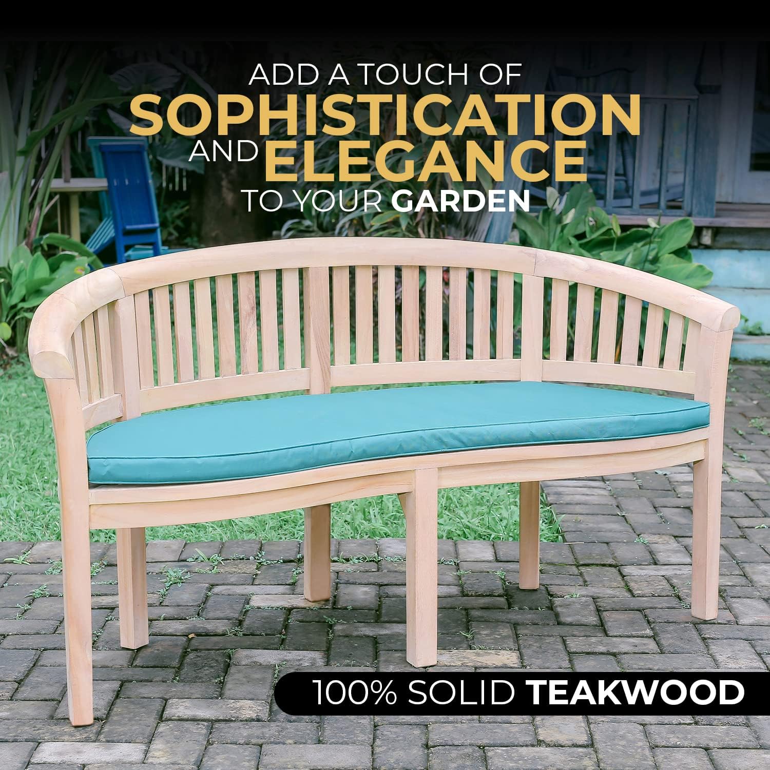 Teak Wood Banana Garden Bench w/ Green Cushion Curved Outdoor Patio 168cm