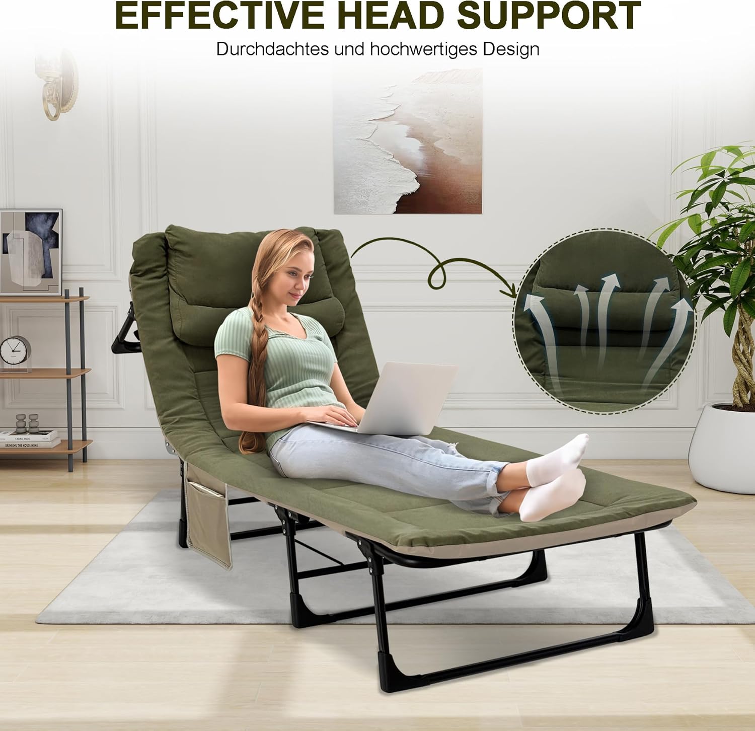 Foldable Sun Lounger Bed Green 6 Position Recliner