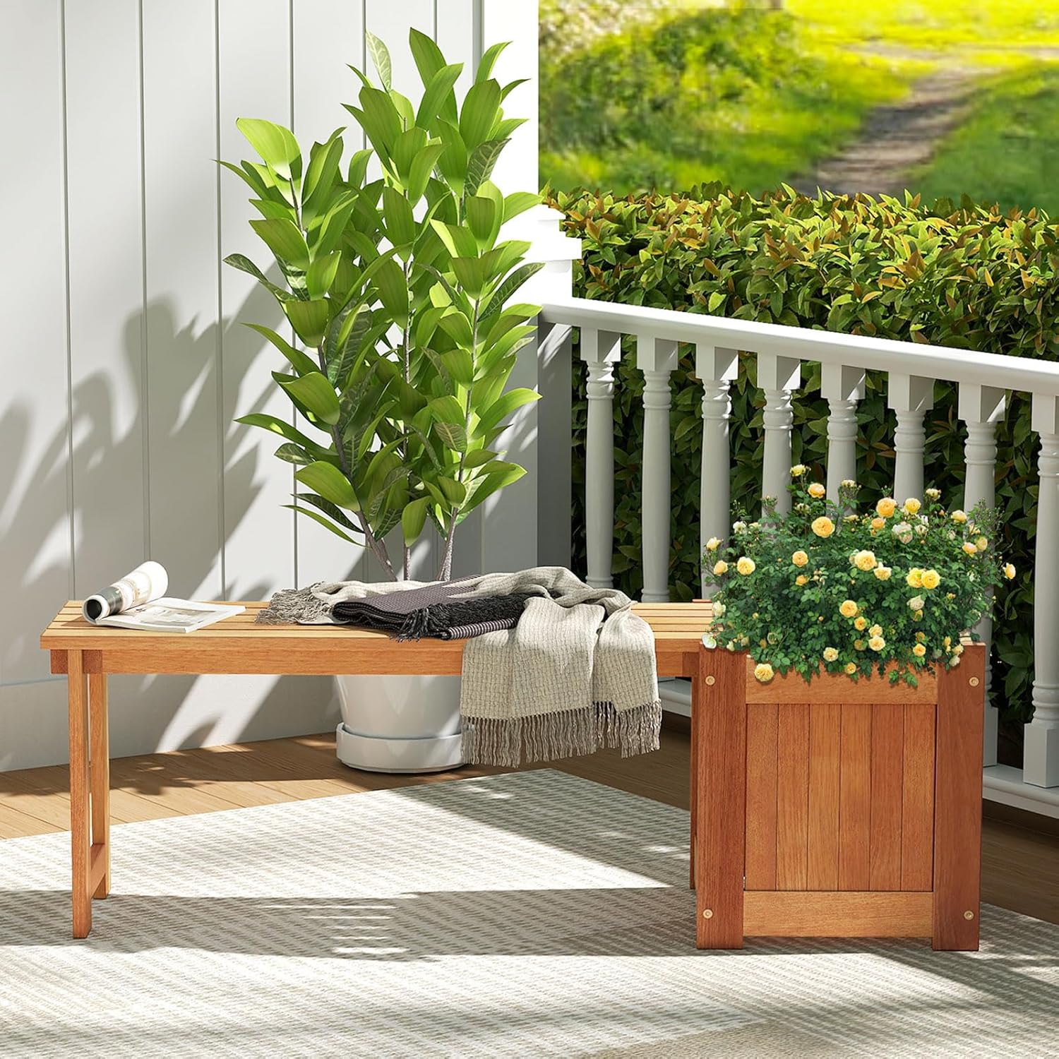 Wooden Planter with Bench 137cm Garden Seat Raised Bed Box