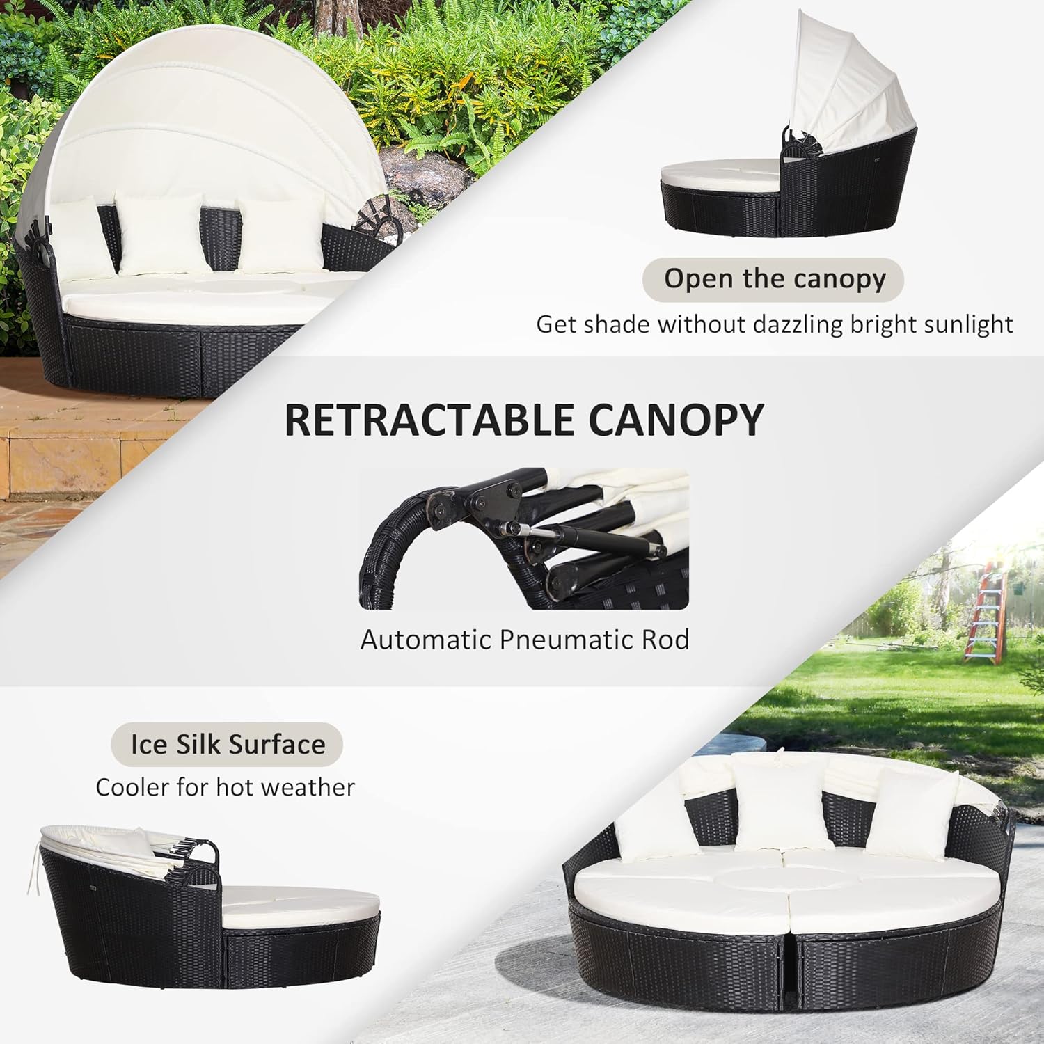 5 Piece Rattan Round Daybed Lounge Set Canopy Black