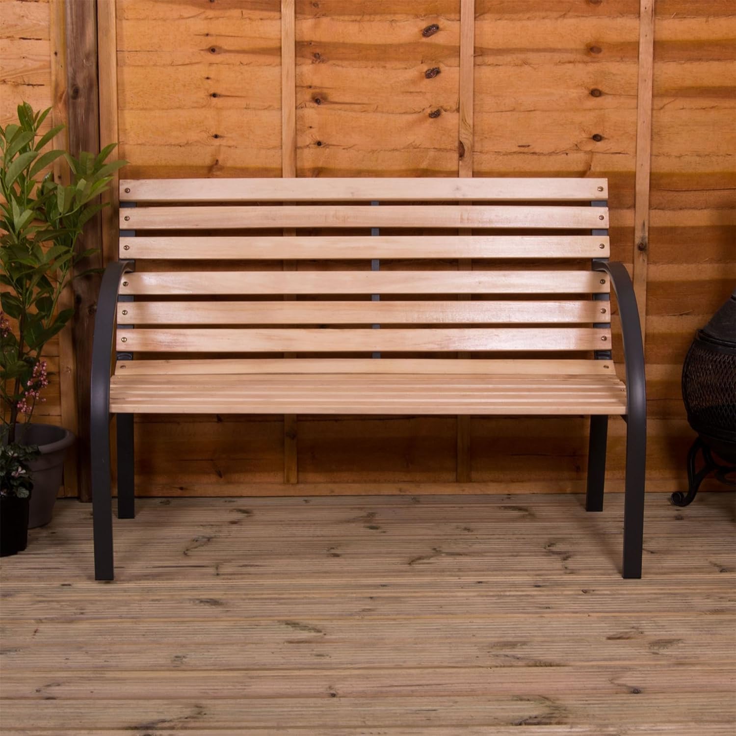 3 Seater Wooden Garden Bench Steel Frame Outdoor Patio Seat