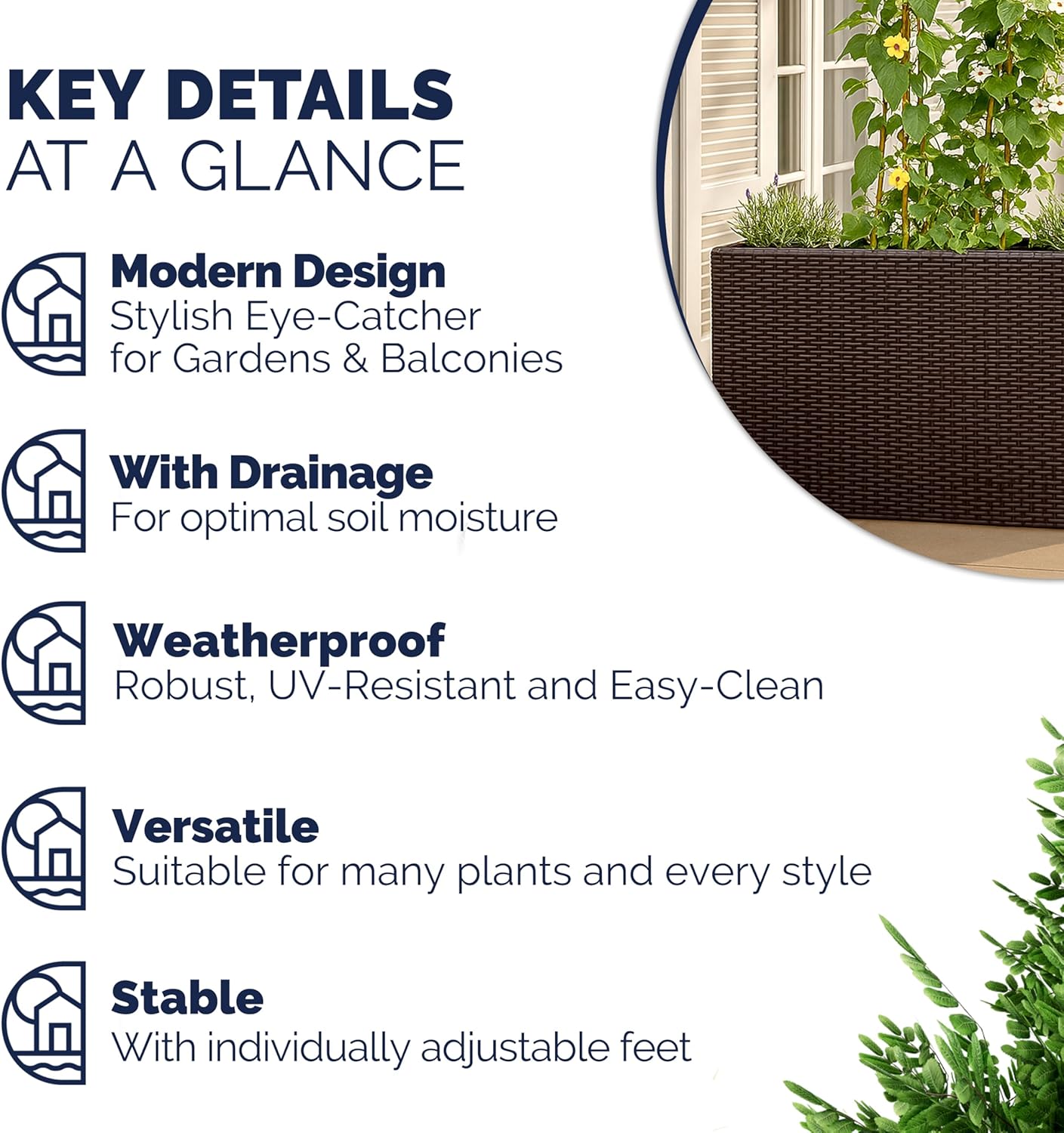 Large Tall Rattan Planter Box 95cm Brown with 4 Pots