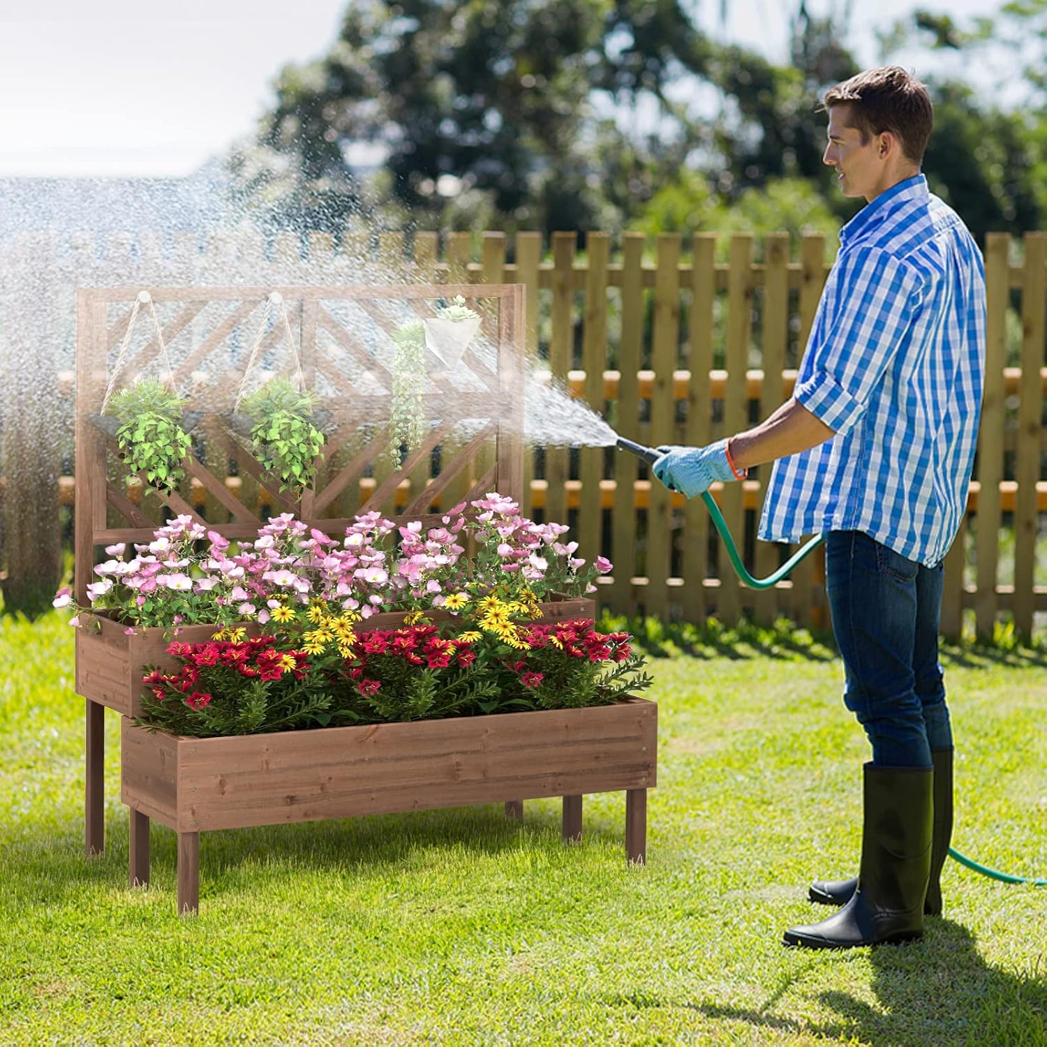 2 Tier Raised Garden Bed with Trellis Wooden Planter 135cm
