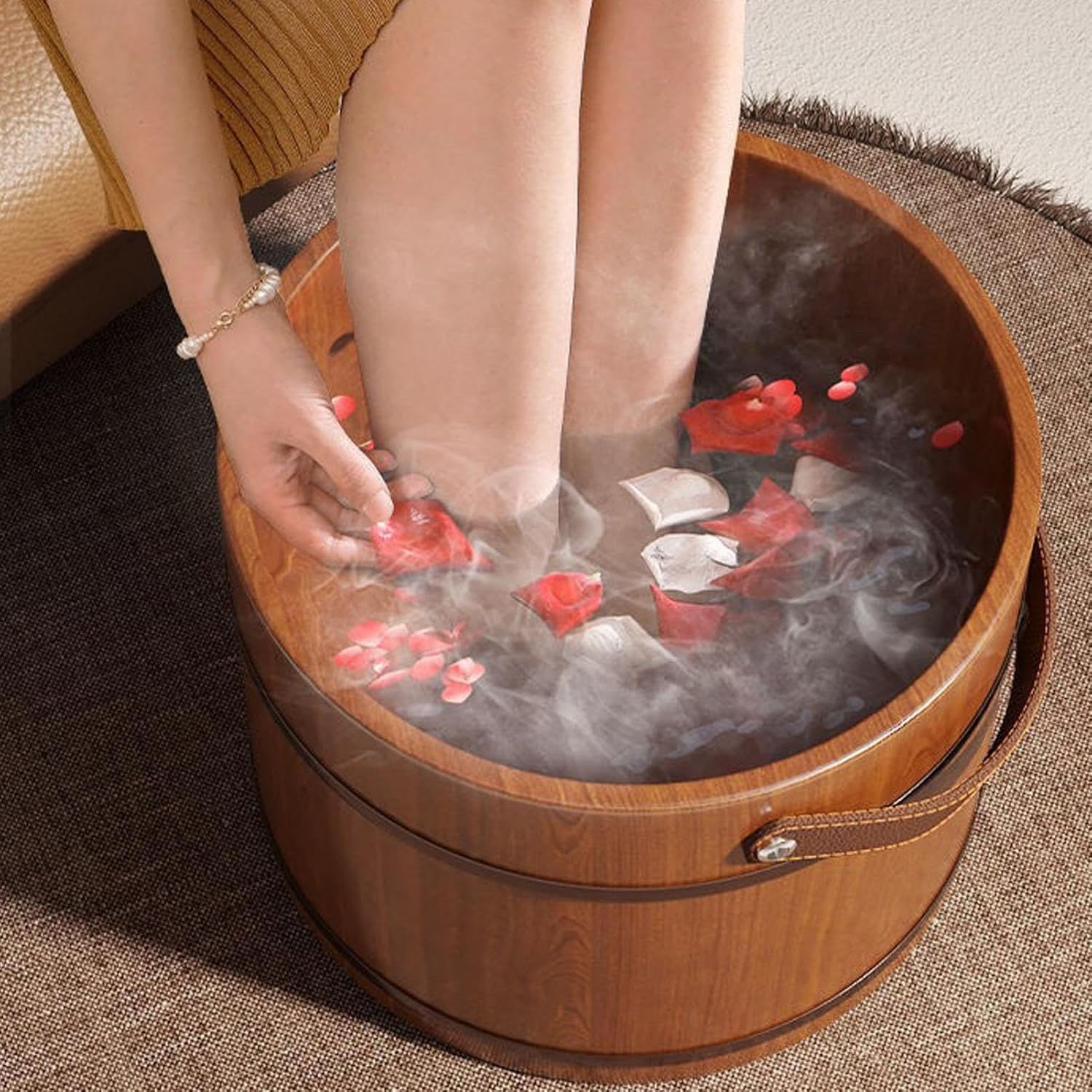 Wooden Foot Bath Bucket Massage Roller Spa Soak Tub Cedar