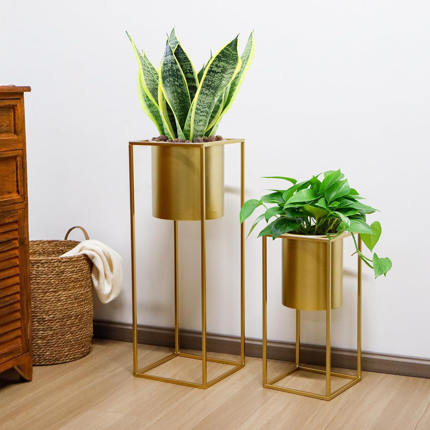 Gold Metal Planters with Stand Set of 2 Tall Pots 70cm 45cm