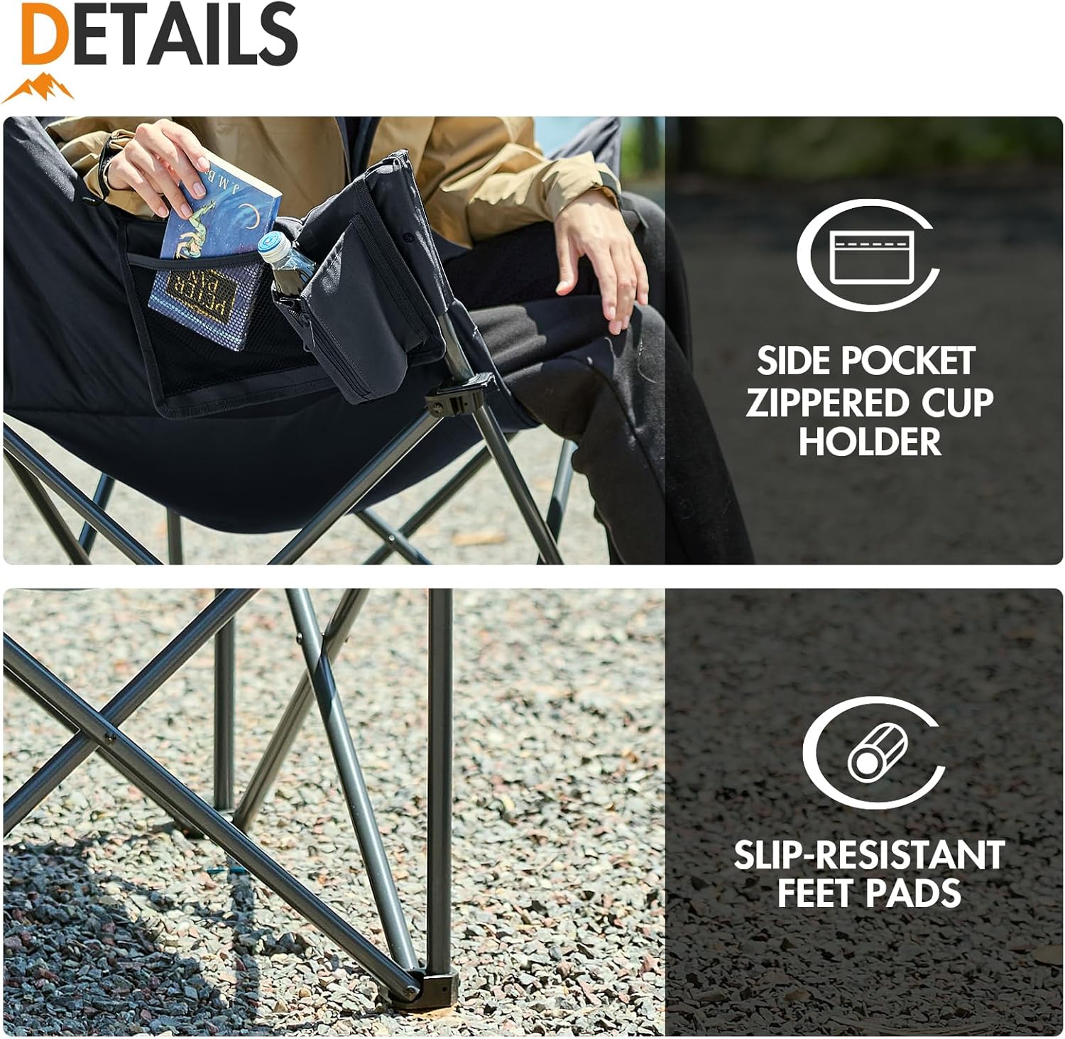 Padded Tub Camping Chair Wide Seat 150KG Black