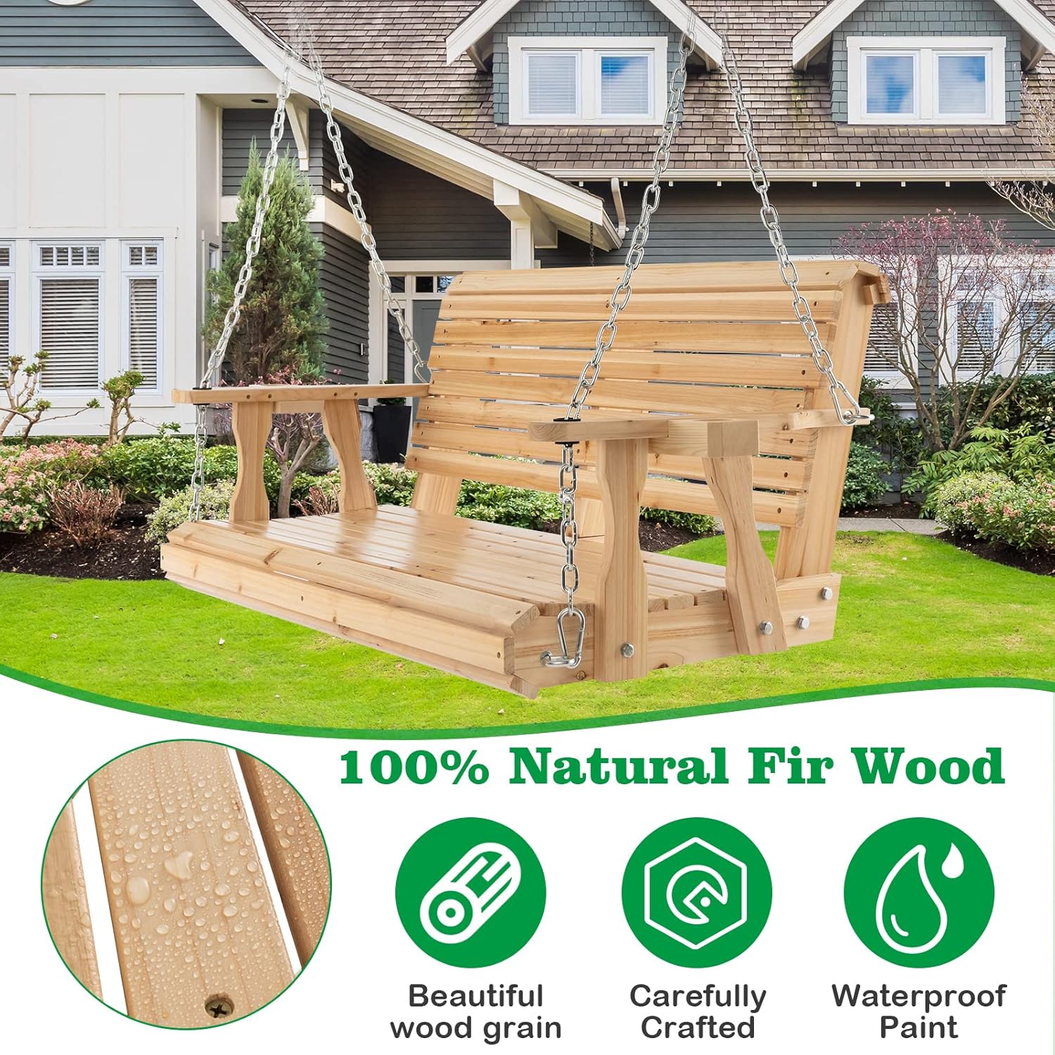 2 Seater Wooden Porch Swing Chair Fir Bench Cup Holders 240kg