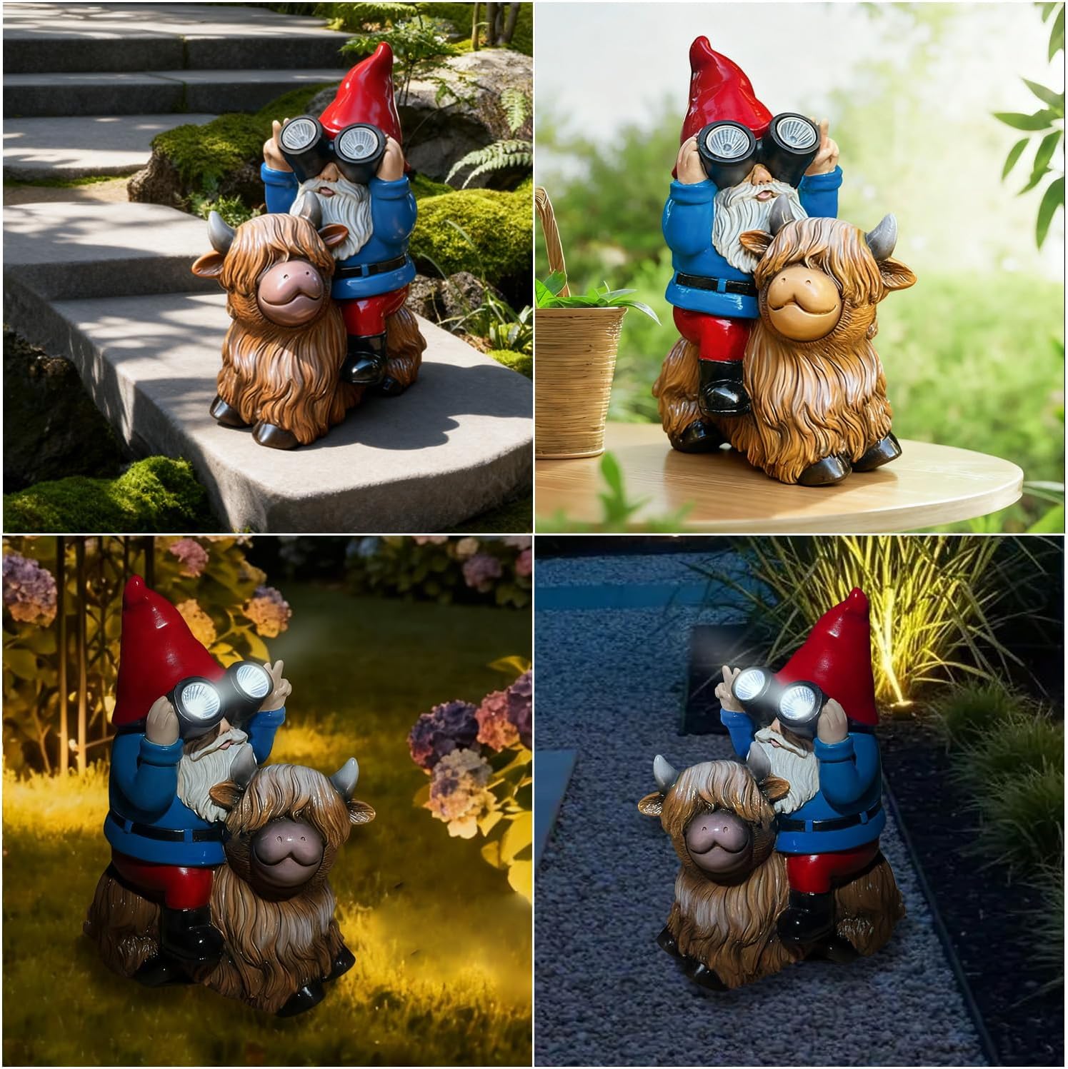 Solar Gnome Highland Cow Statue Garden Decor Outdoor LED