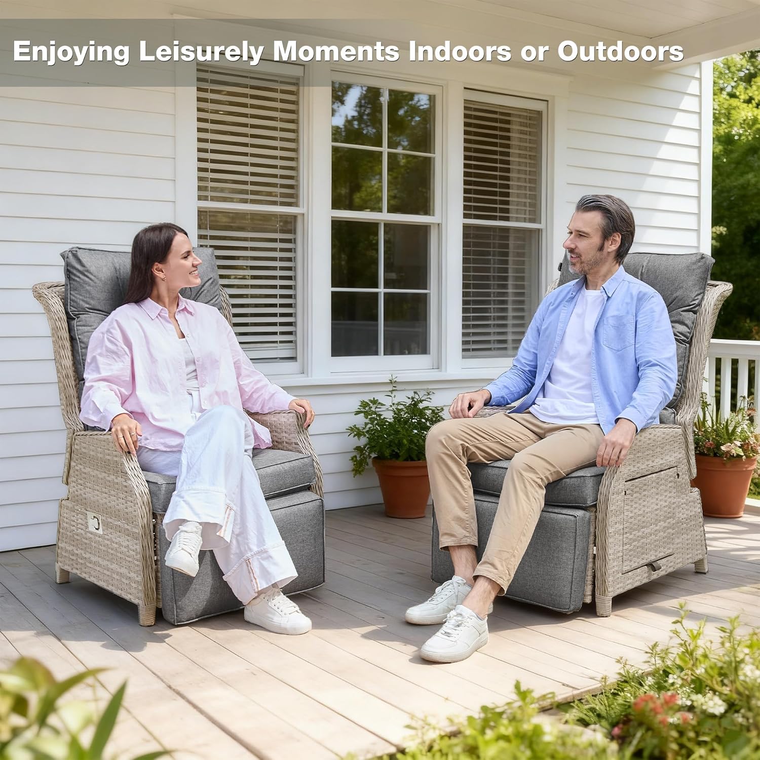 2 Piece Rattan Reclining Garden Lounger Set Grey Beige