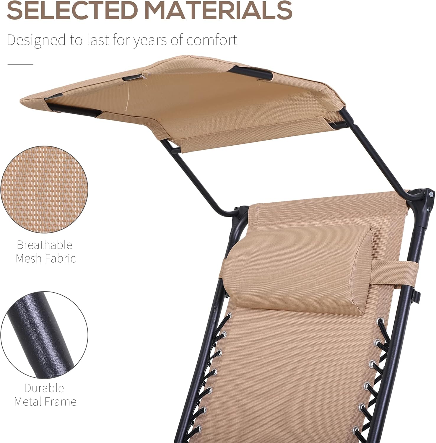 2 Zero Gravity Sun Lounger Chairs Foldable with Canopy Beige