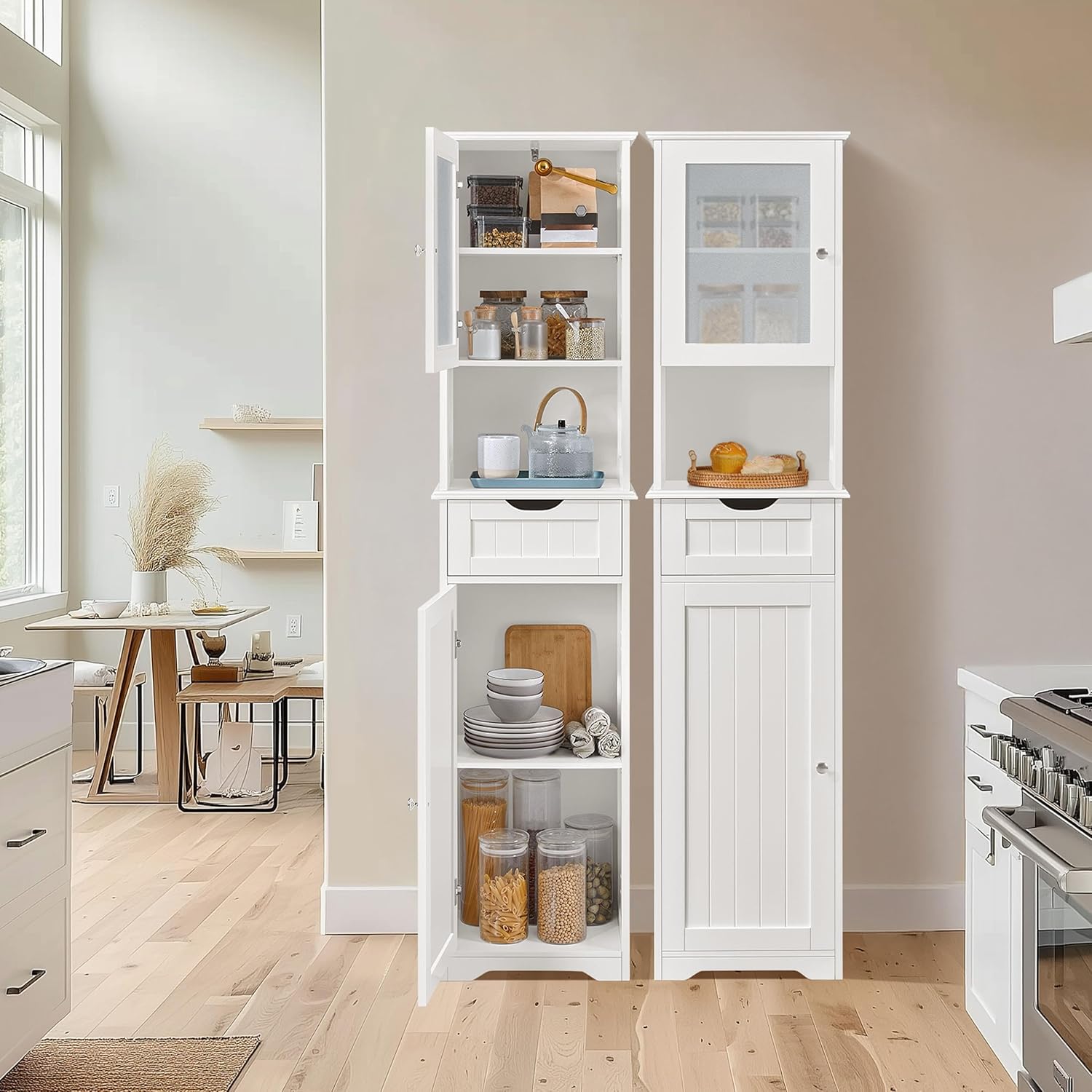 Tall Bathroom Storage Cabinet Glass Door Drawer Shelf