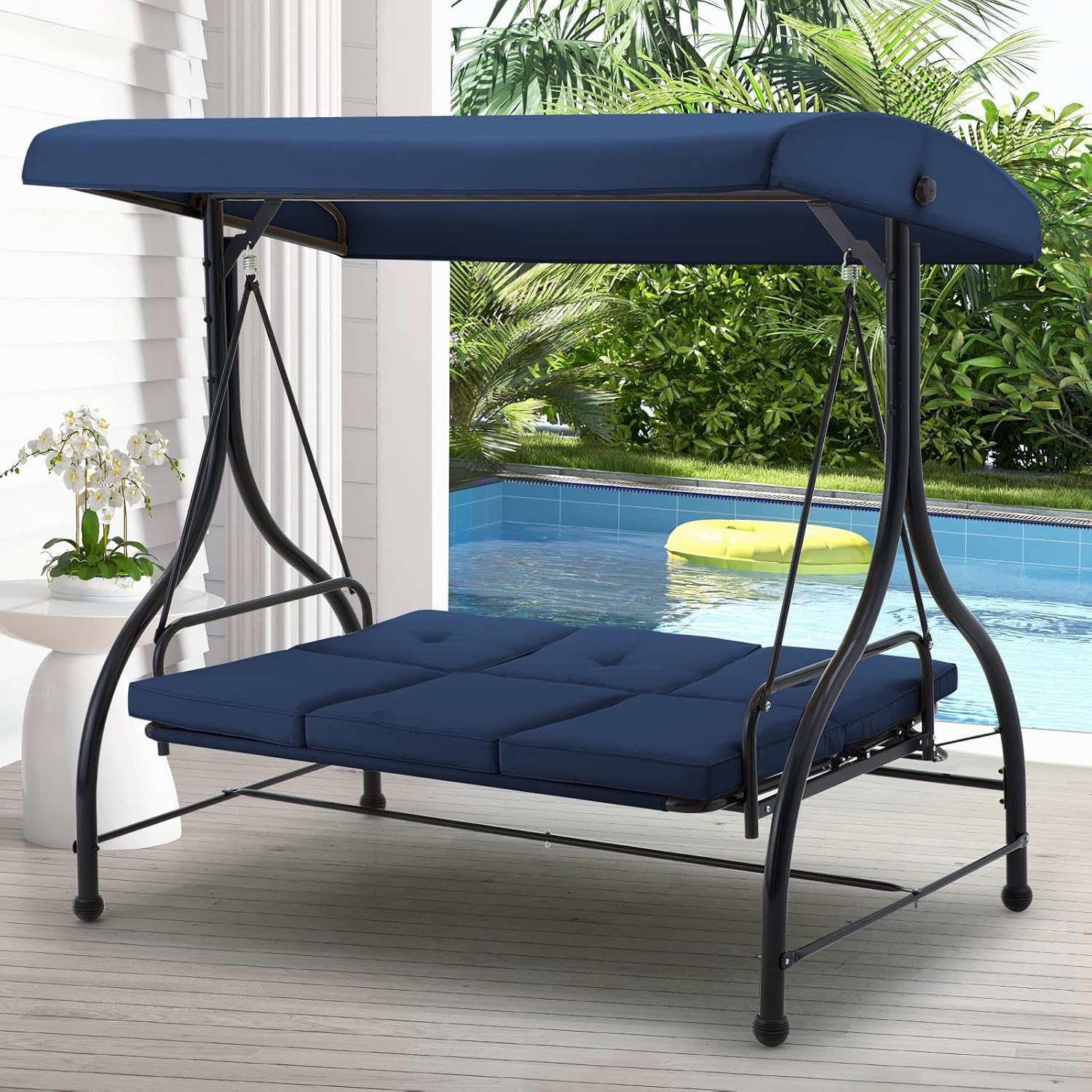 Blue 3 Seater Garden Swing Chair Convertible Bed