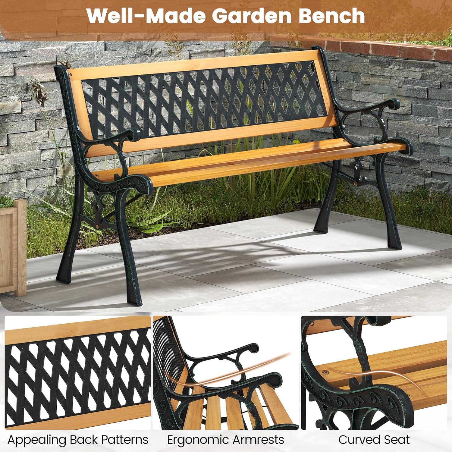 3 Seater Wooden Garden Bench Metal Frame Patio Park Seat