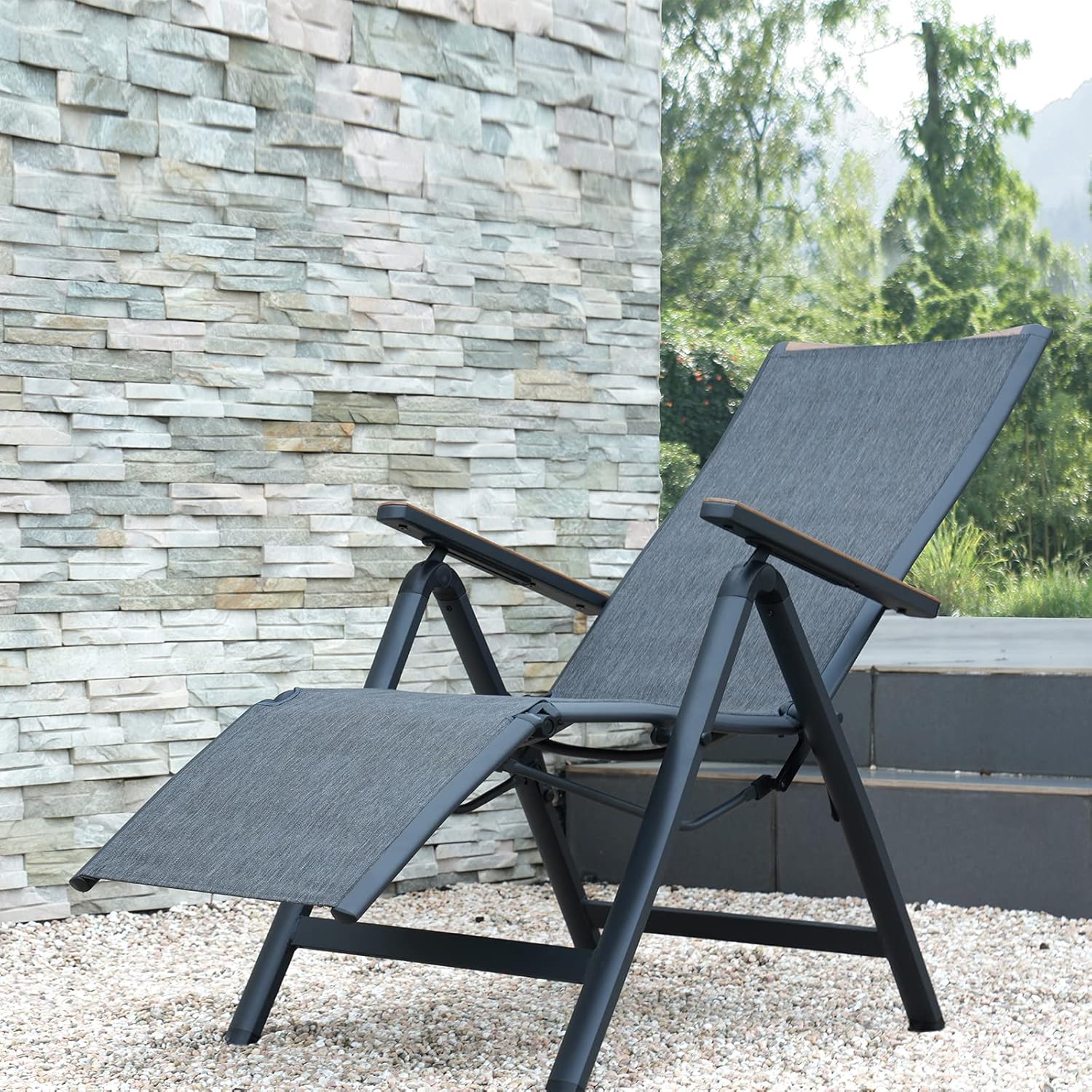 Foldable Sun Lounger Chair Black 6 Position Recliner