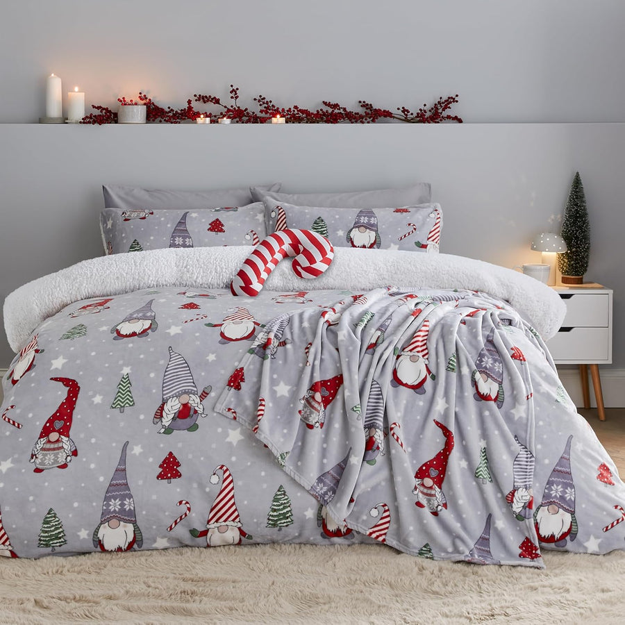 Christmas Gnome Fleece Duvet Cover Set Double Grey Bedding