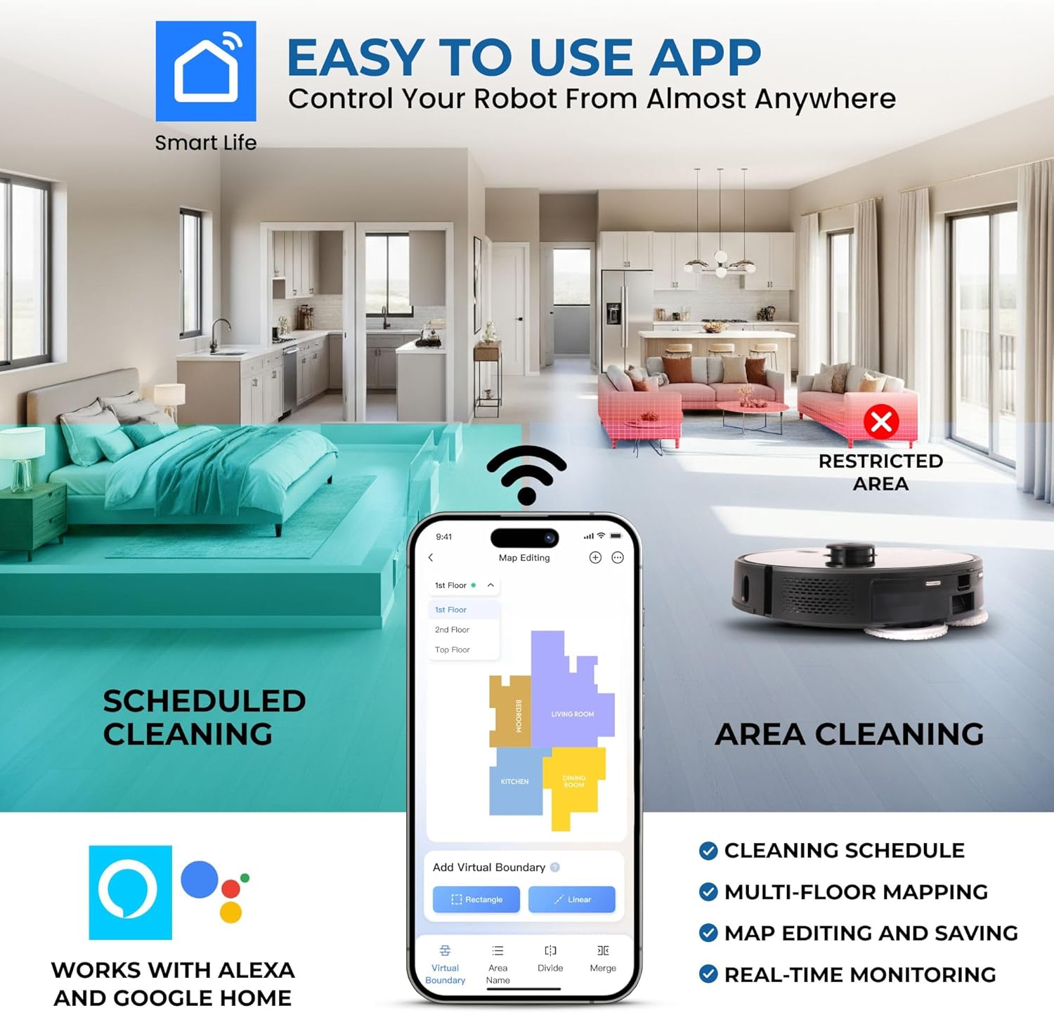 Robot Vacuum Mop 6500Pa Self Empty LiDAR Mapping App Control