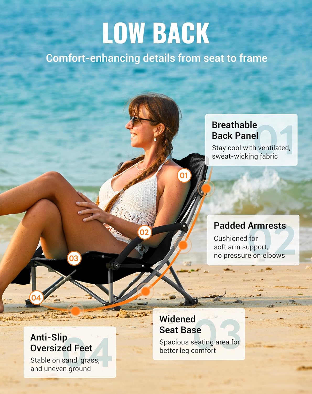 2 Pack Black Low Folding Beach Chairs Heavy Duty Seats