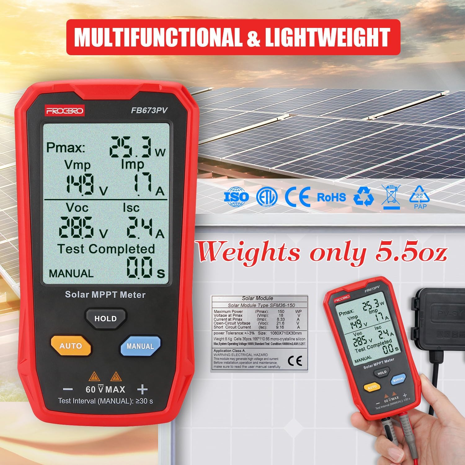 800W Solar Panel Tester Meter MPPT LCD PV Multimeter Tool