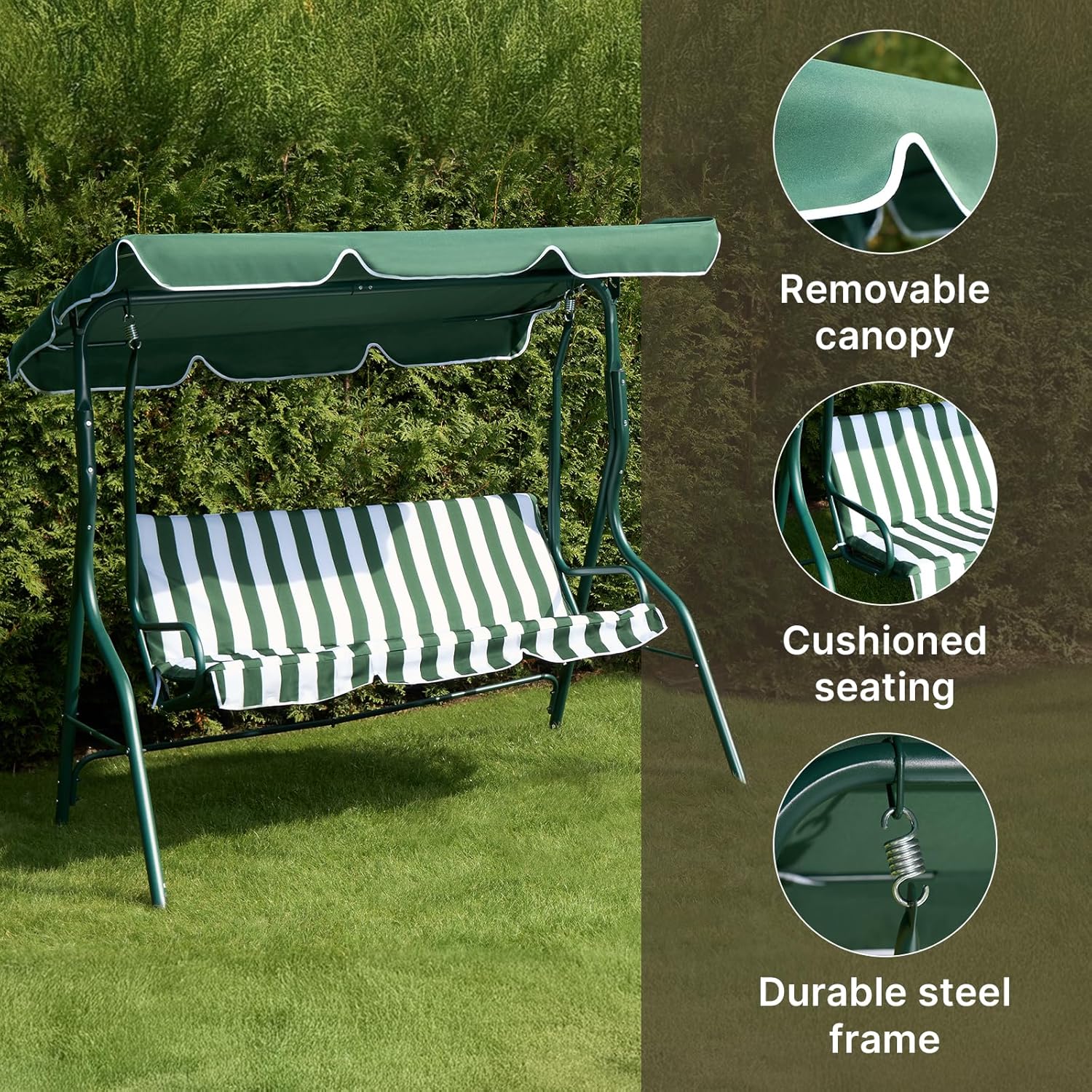 3 Seater Garden Swing Bench with Adjustable Canopy Stripe