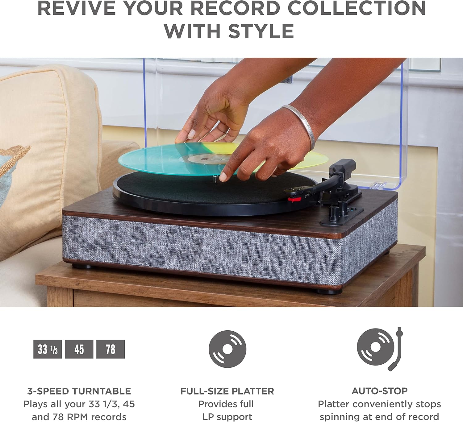 Bluetooth Record Player 3 Speed USB Vinyl Converter Speakers