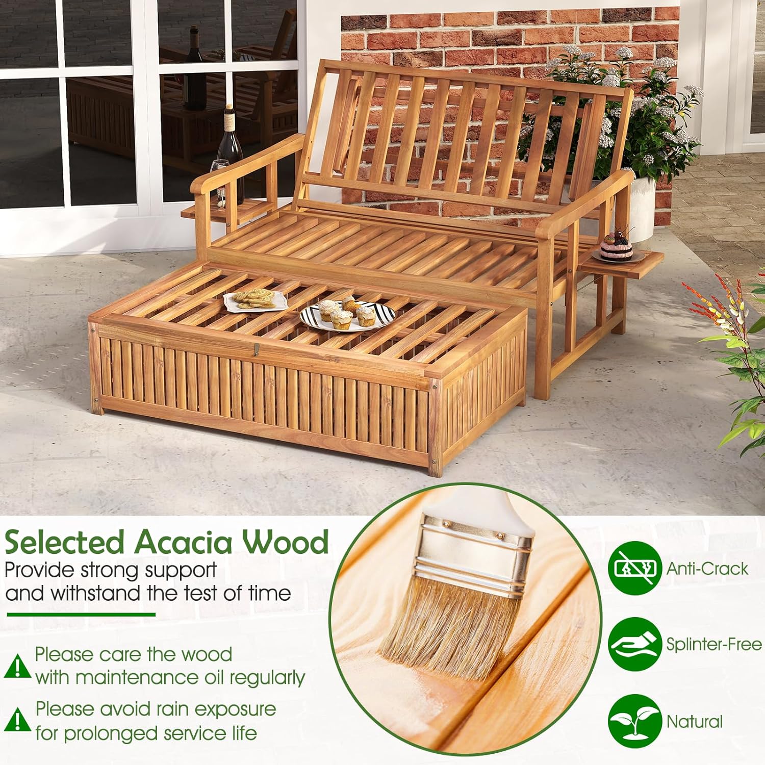 Acacia Wood Garden Daybed Double Lounger Storage Ottoman