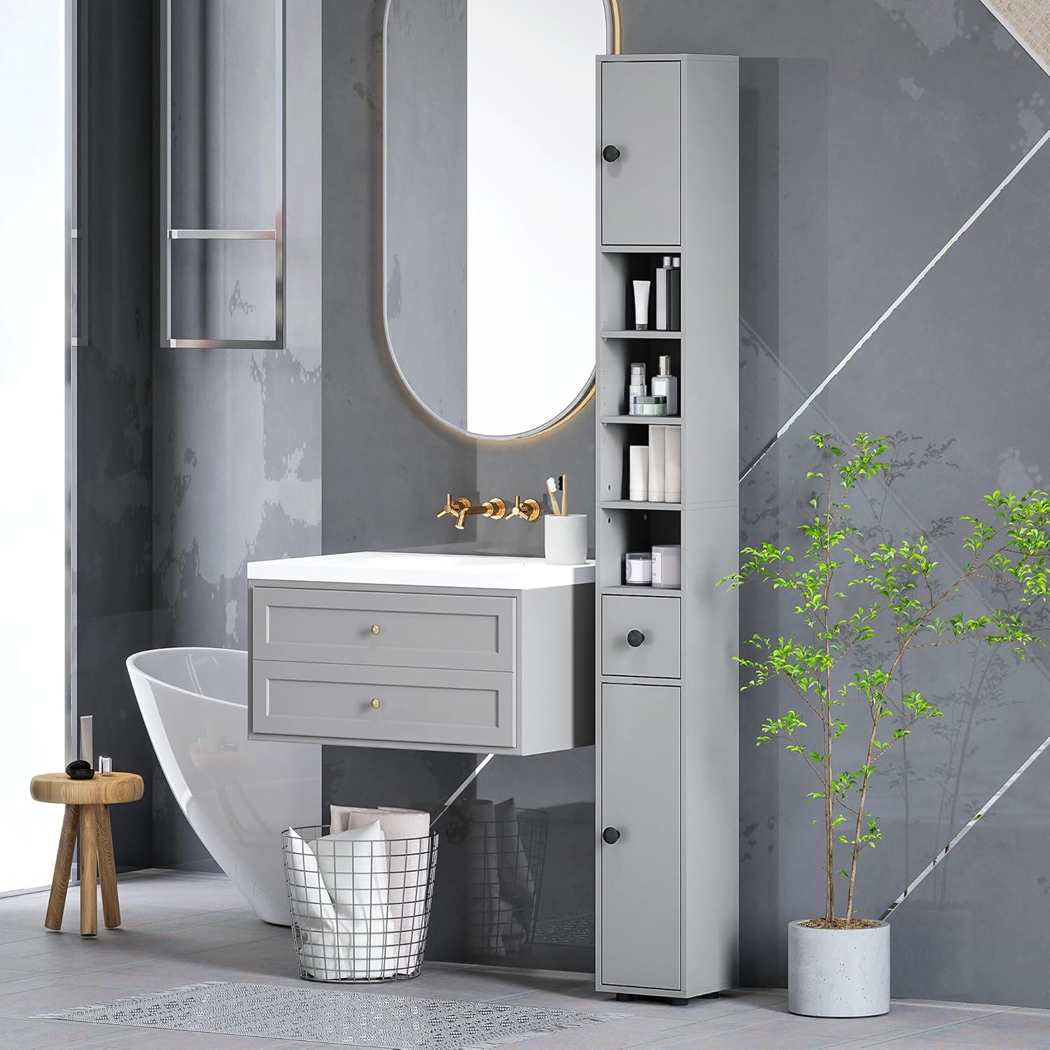 180cm Slim Bathroom Storage Cabinet 4 Shelves 2 Doors Grey