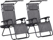 2 Zero Gravity Sun Lounger Chairs Foldable with Canopy Grey