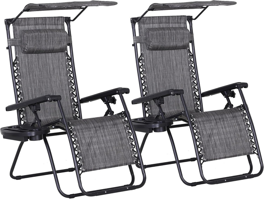 2 Zero Gravity Sun Lounger Chairs Foldable with Canopy Grey