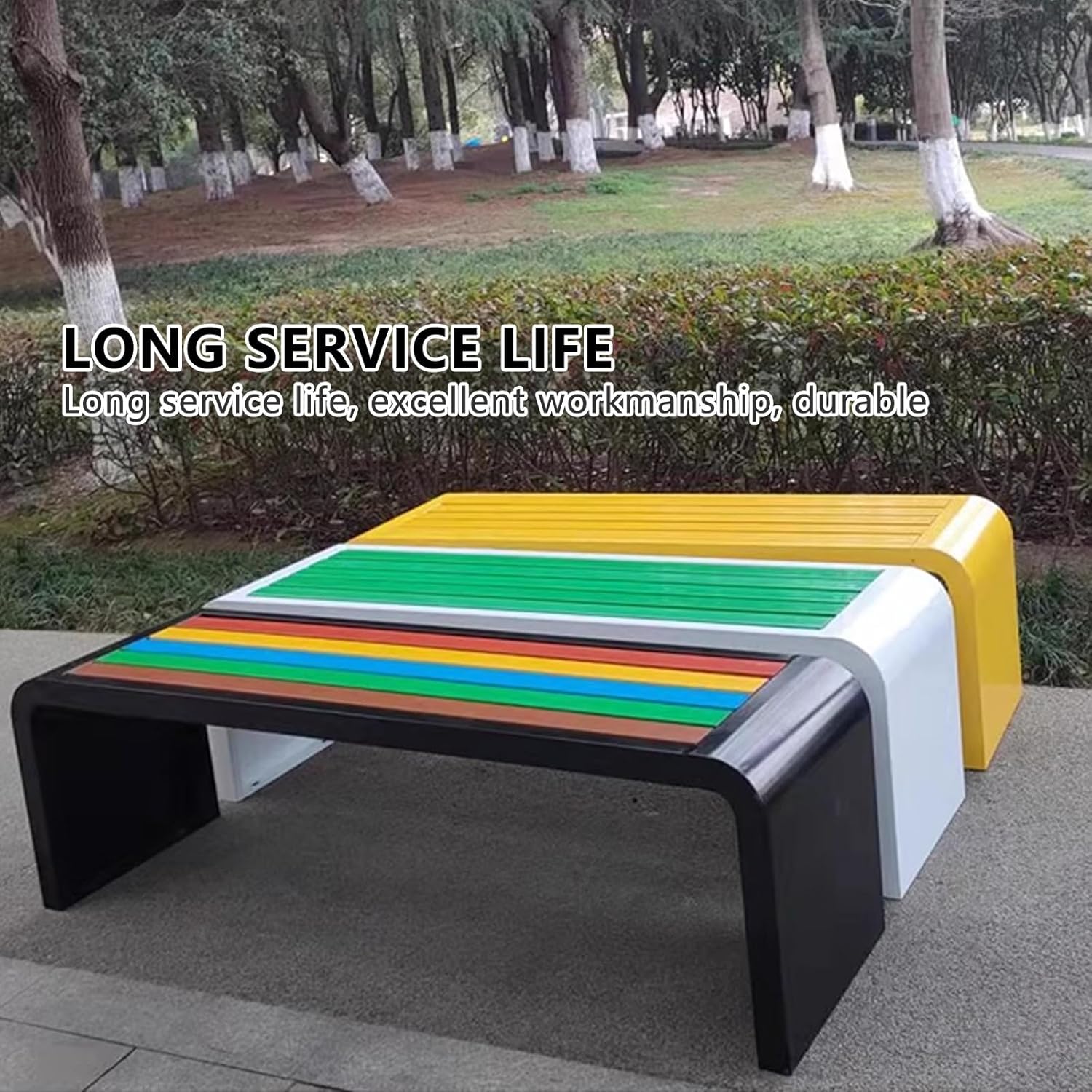 150cm Curved Outdoor Bench Solid Wood Seat Steel Frame Backless Garden Patio Seat