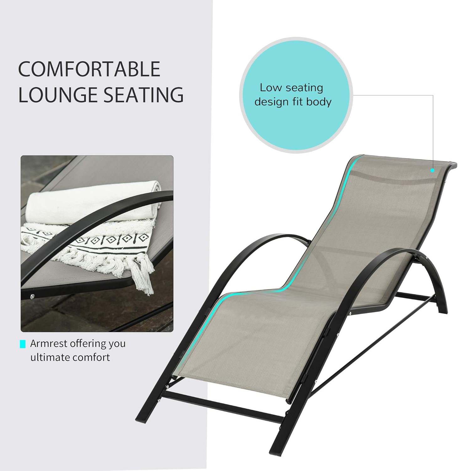 3 Piece Garden Recliner Chair Set with Glass Side Table Grey
