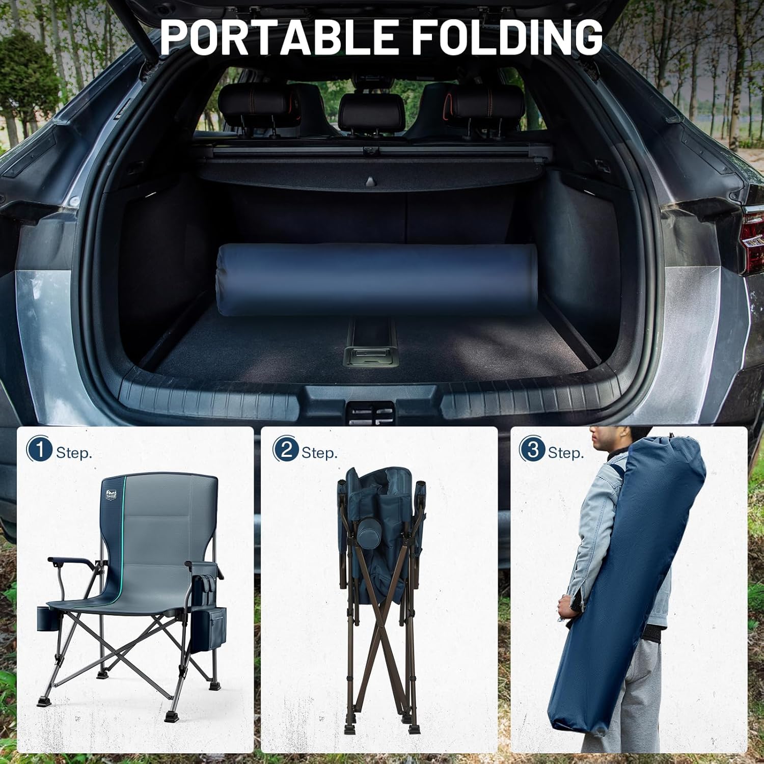 Oversized Camping Chair with Lumbar Support Cooler Pocket Blue