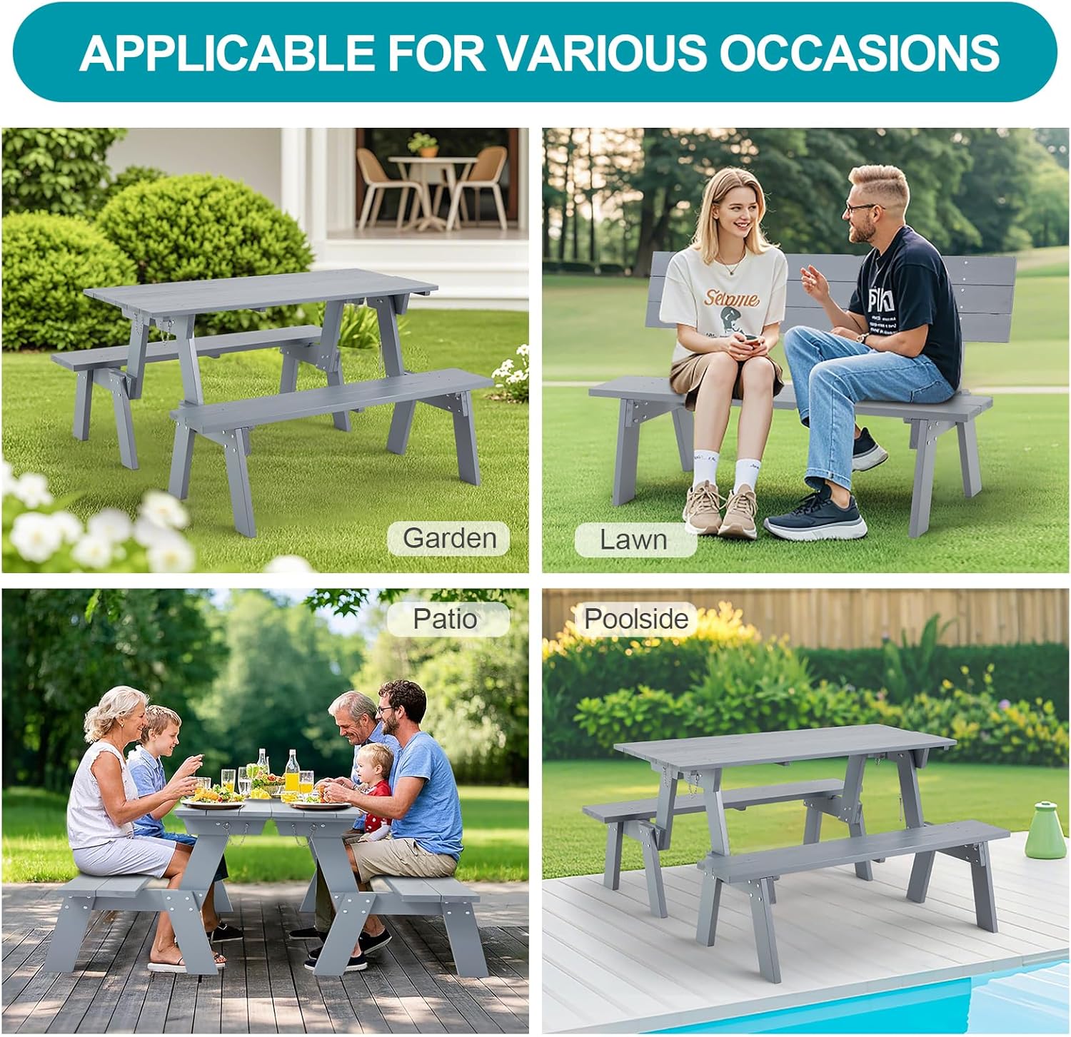 Convertible Wooden Picnic Table with Benches 3 in 1 Folding Set