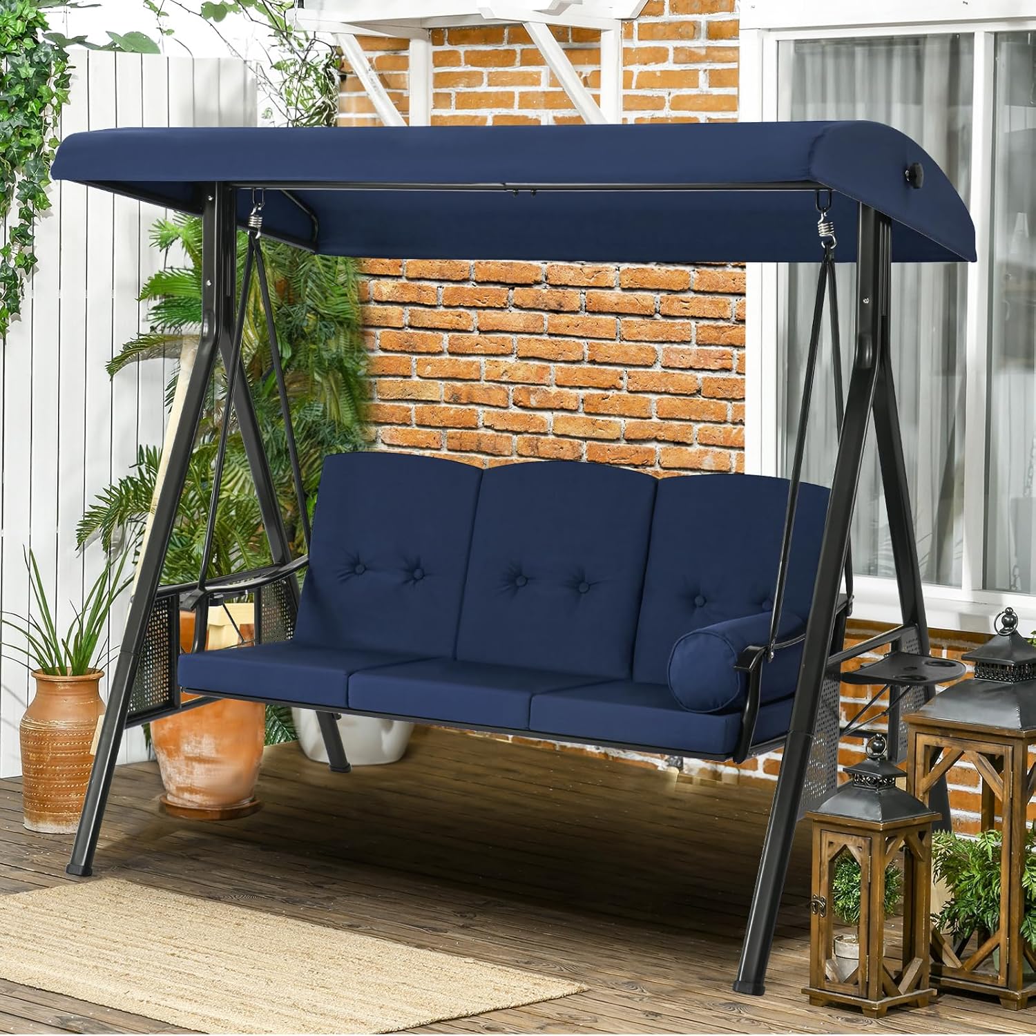 3 Seater Garden Swing Chair Blue Canopy Cup Trays