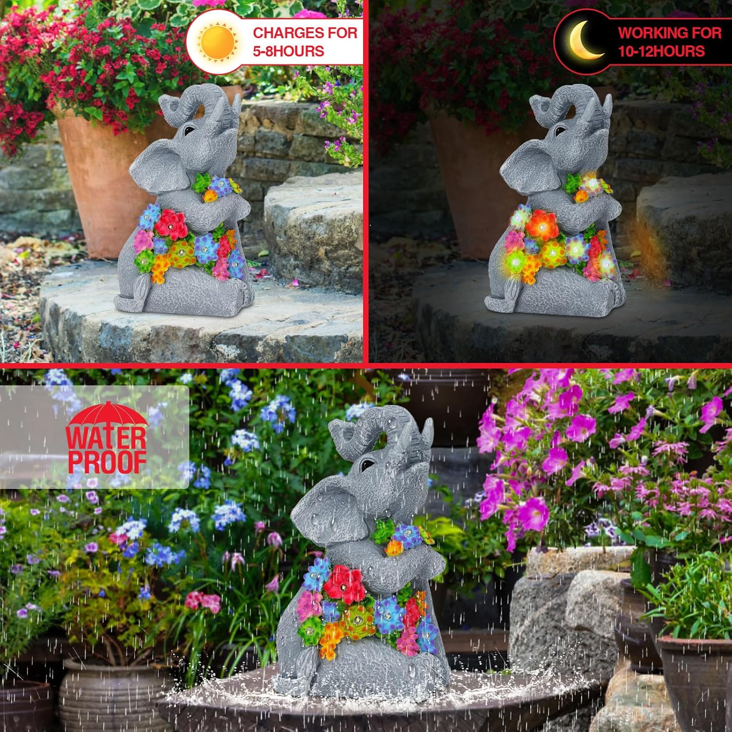 Solar Elephant Garden Statue LED Lights Waterproof Outdoor Decor