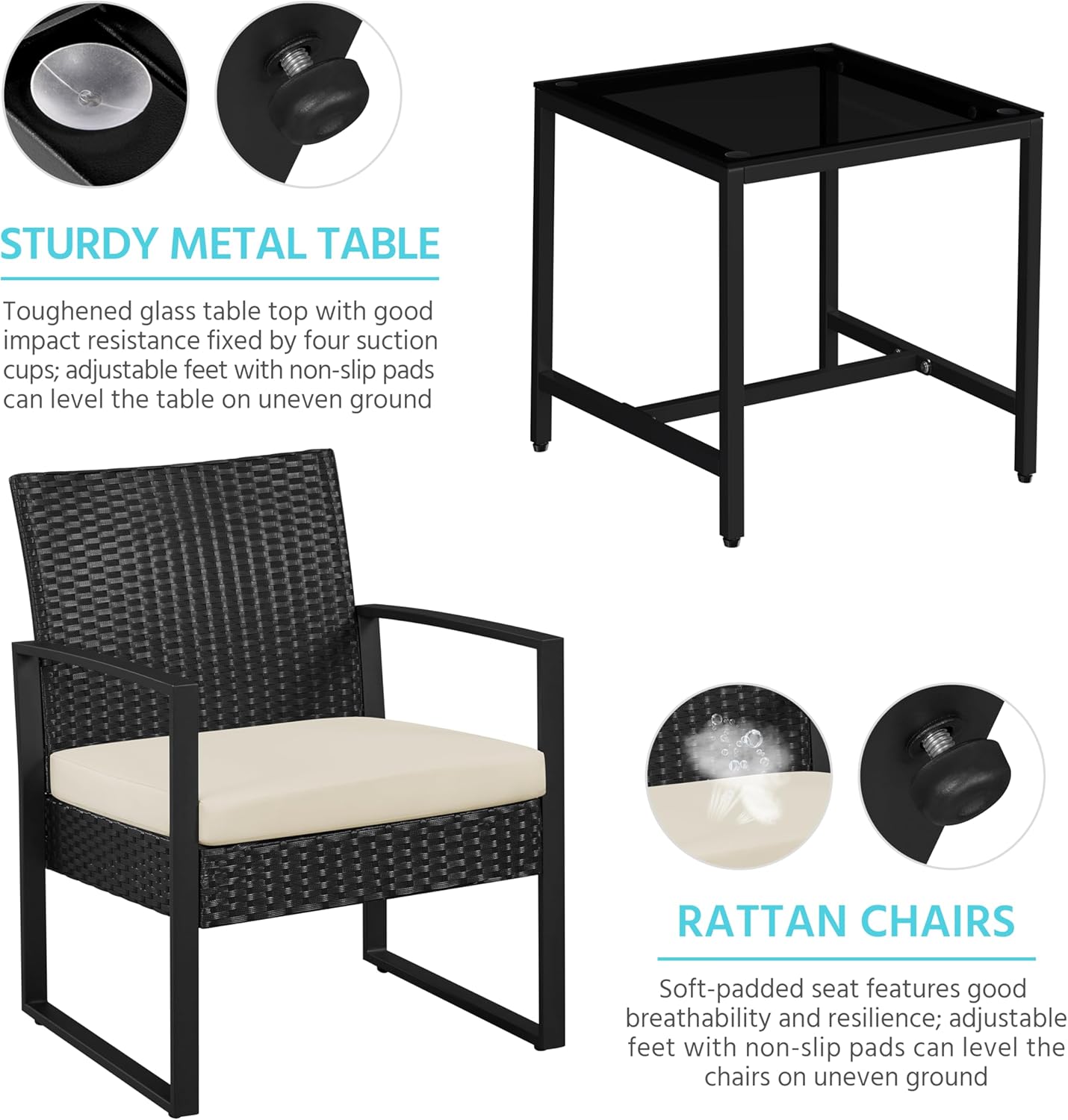 3 Piece Rattan Garden Furniture Set Patio Chairs Table Black