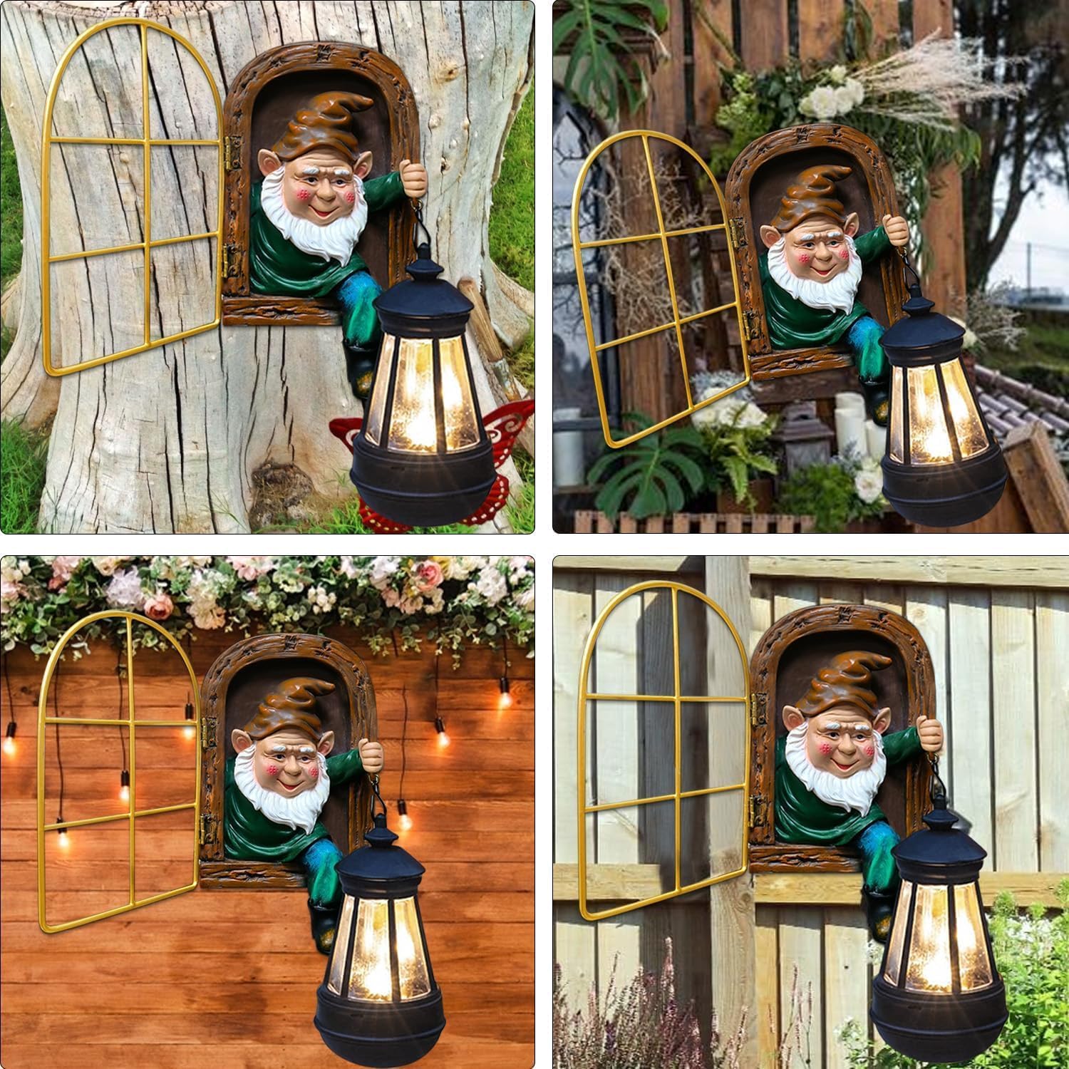 Solar Tree Hugger Gnome Lantern Resin Outdoor Garden Decor