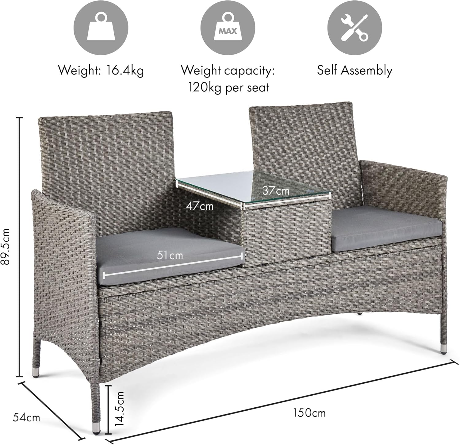 Rattan Garden Love Seat 2 Seater w/Glass Table Cushions