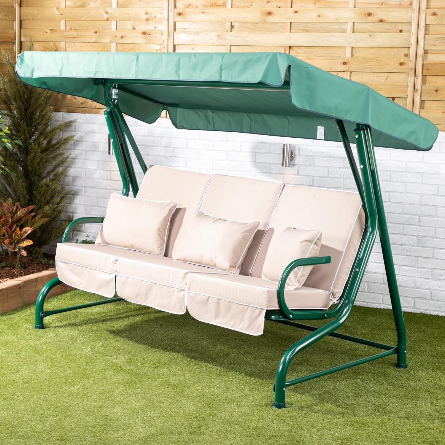 3 Seater Garden Swing Seat Taupe Canopy Luxury Cushions