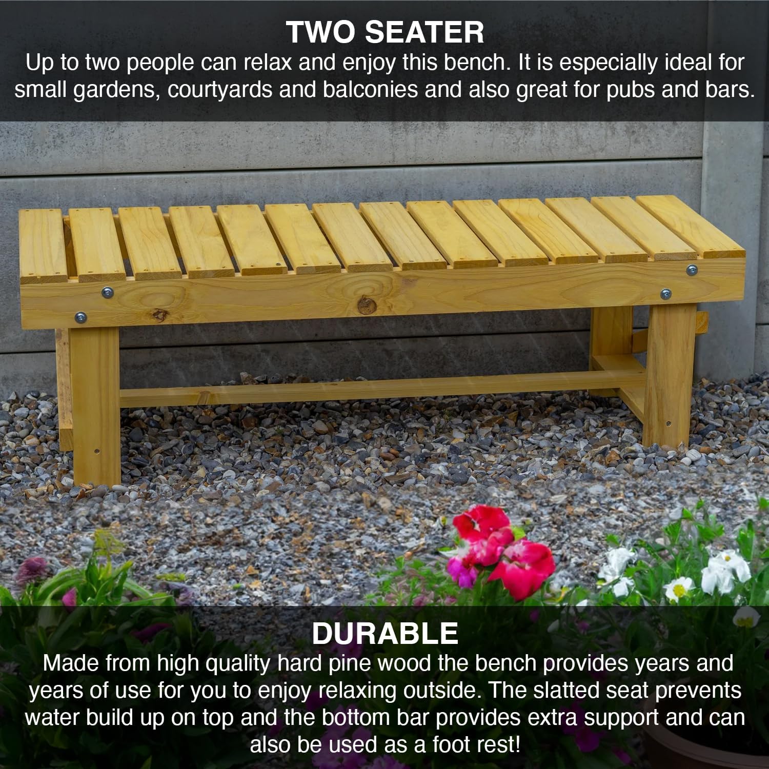 2 Seater Wooden Garden Bench Pine Patio Backless Outdoor Seat