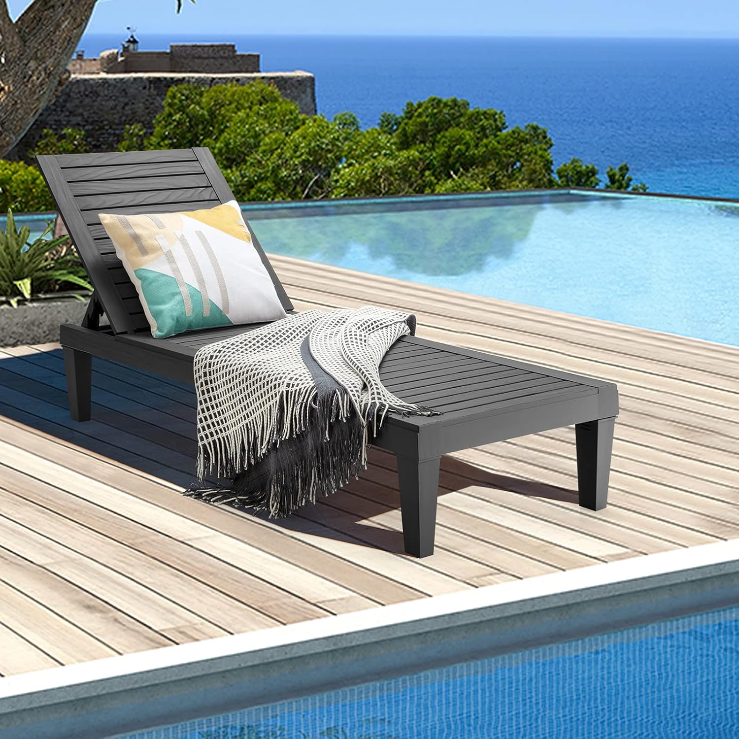 Sun Lounger 5 Position Recliner Chair Black Wood Effect