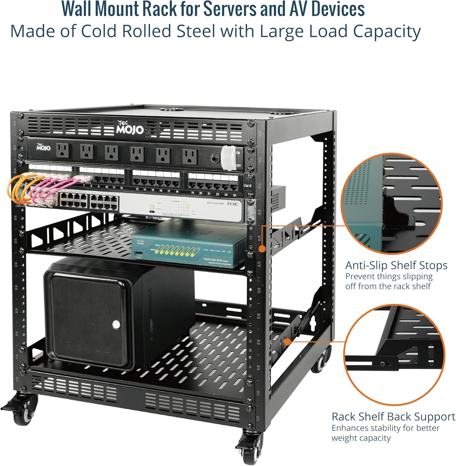 12U Open Frame Network Rack with Wheels 4 Post AV Rack