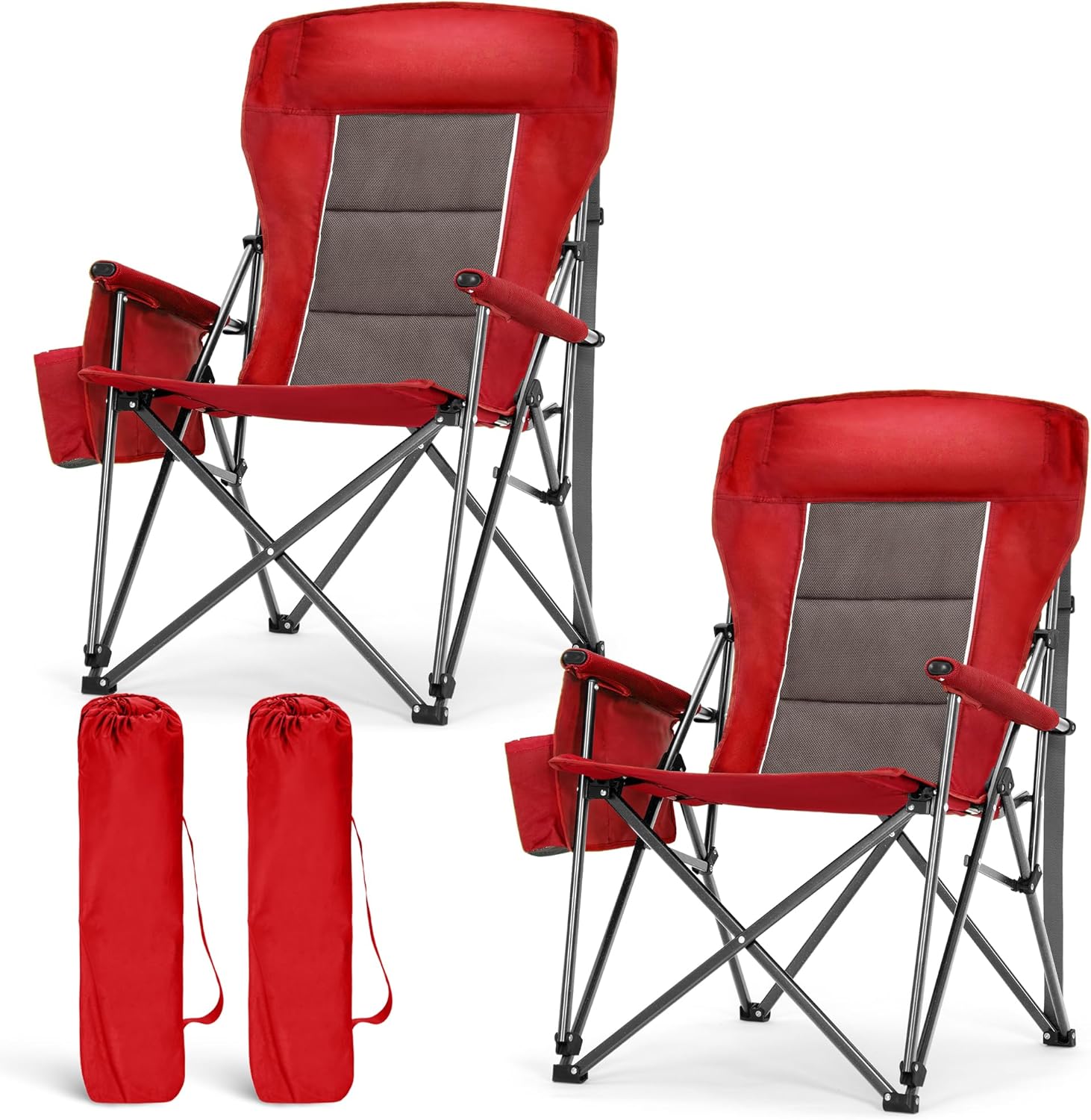 Set of 2 Oversized Camping Chairs 500LB High Back Red
