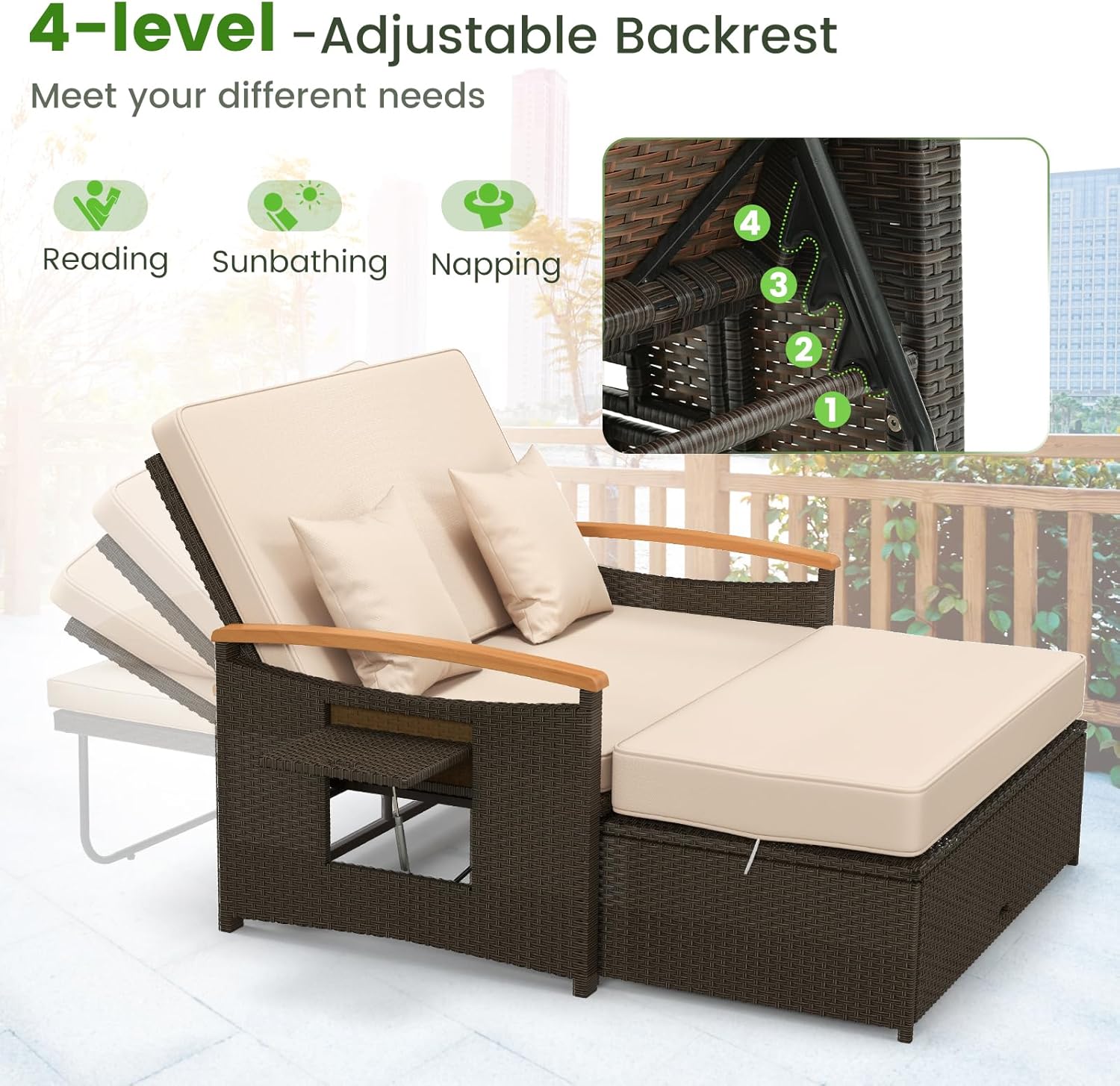 Patio Wicker Sun Lounger Daybed Adjustable Outdoor Sofa Beige
