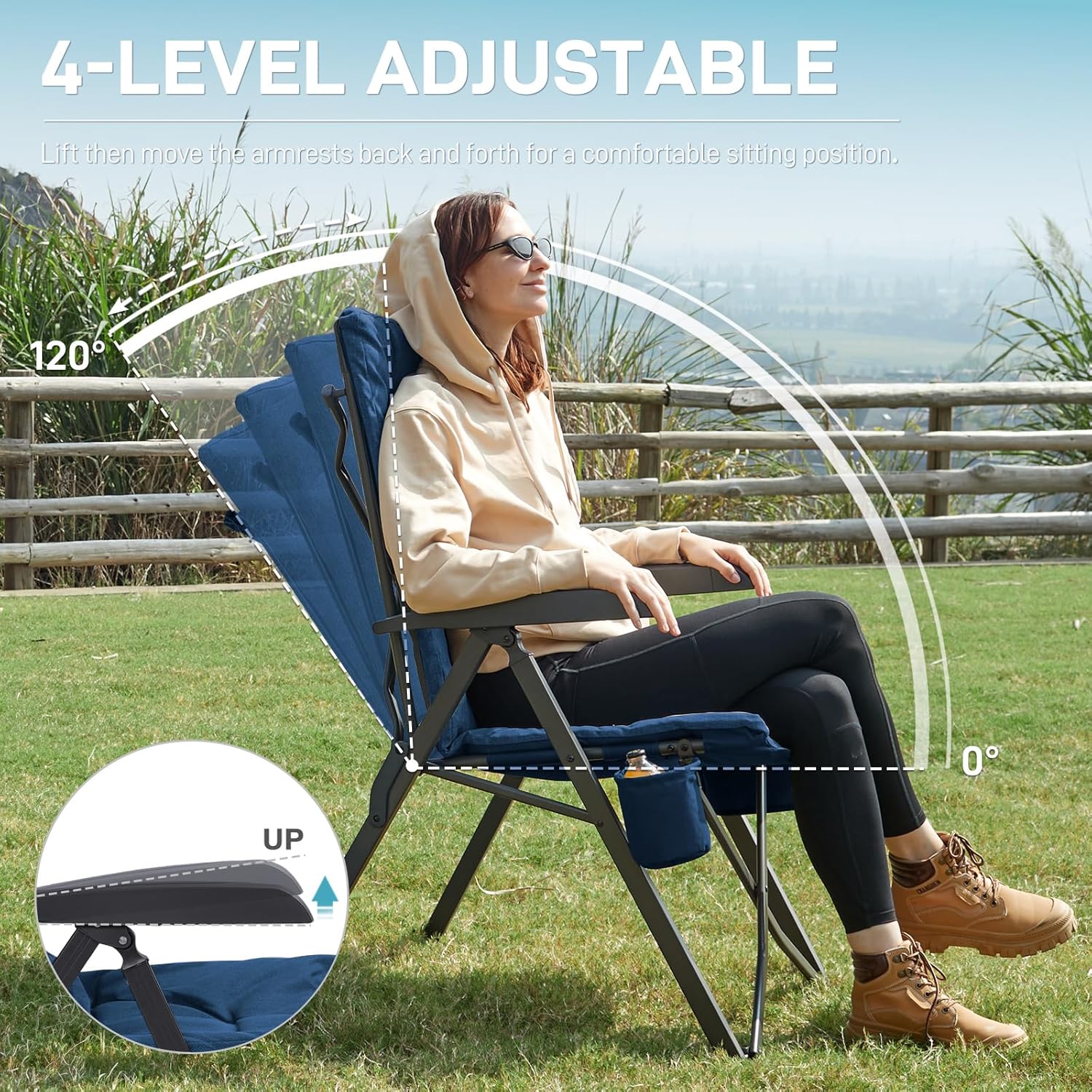 Luxury Reclining Camping Chairs 2 Pack High Back Blue